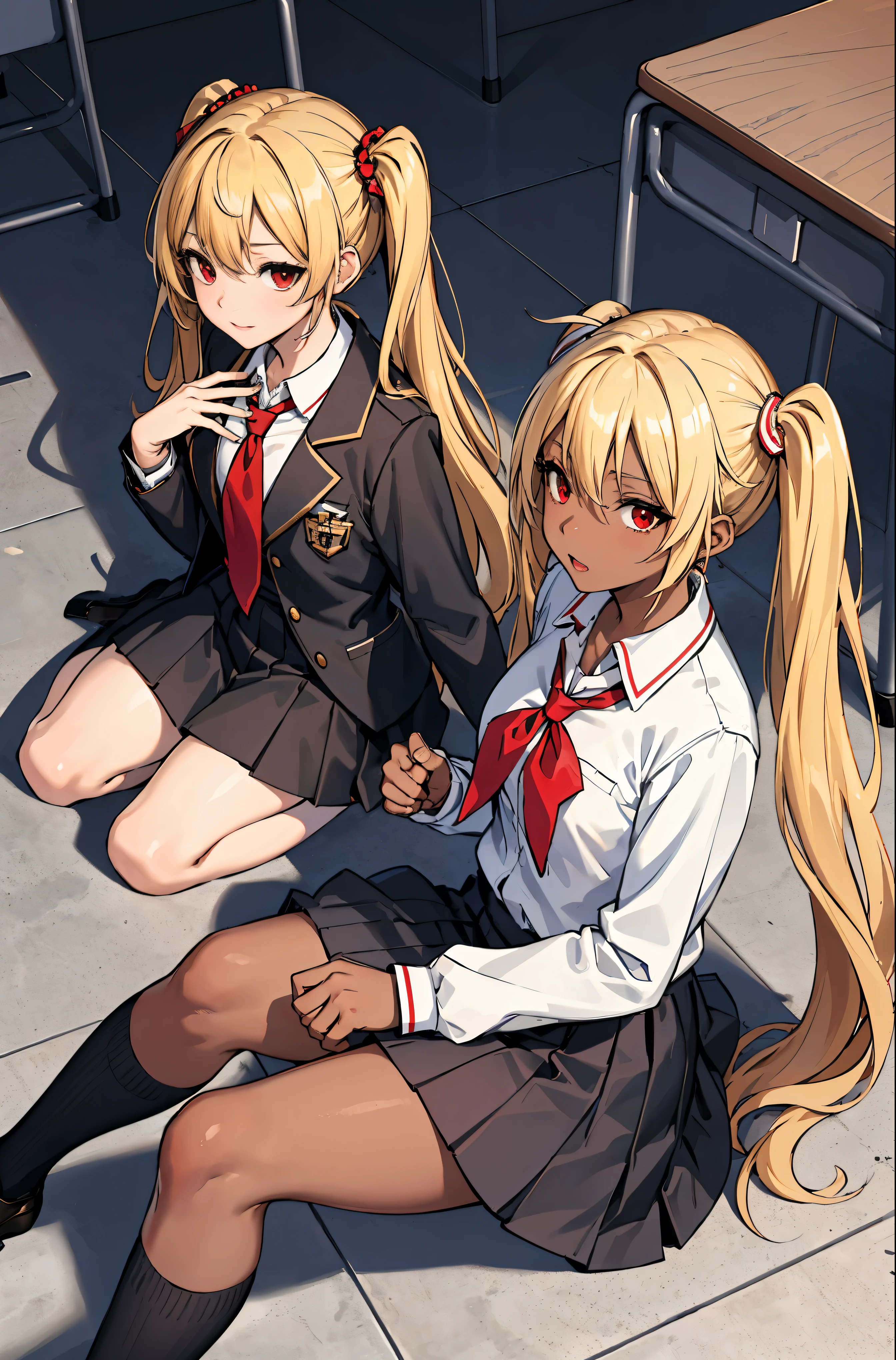 (masterpiece:1.2, highest quality), 1 female, alone, school uniform, classroom, Day, sit, blonde, twin tails, red eyes, open collaboration bone, black skin, (open chest:1.1),Angle from above:1.15