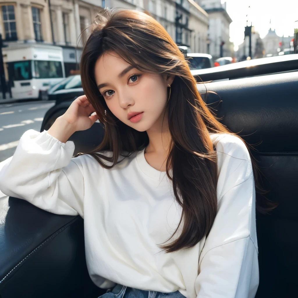 1girl ,Sitting on the yatch,cross one's legs,Chinese beauty,A day-haired,length hair, blurred background