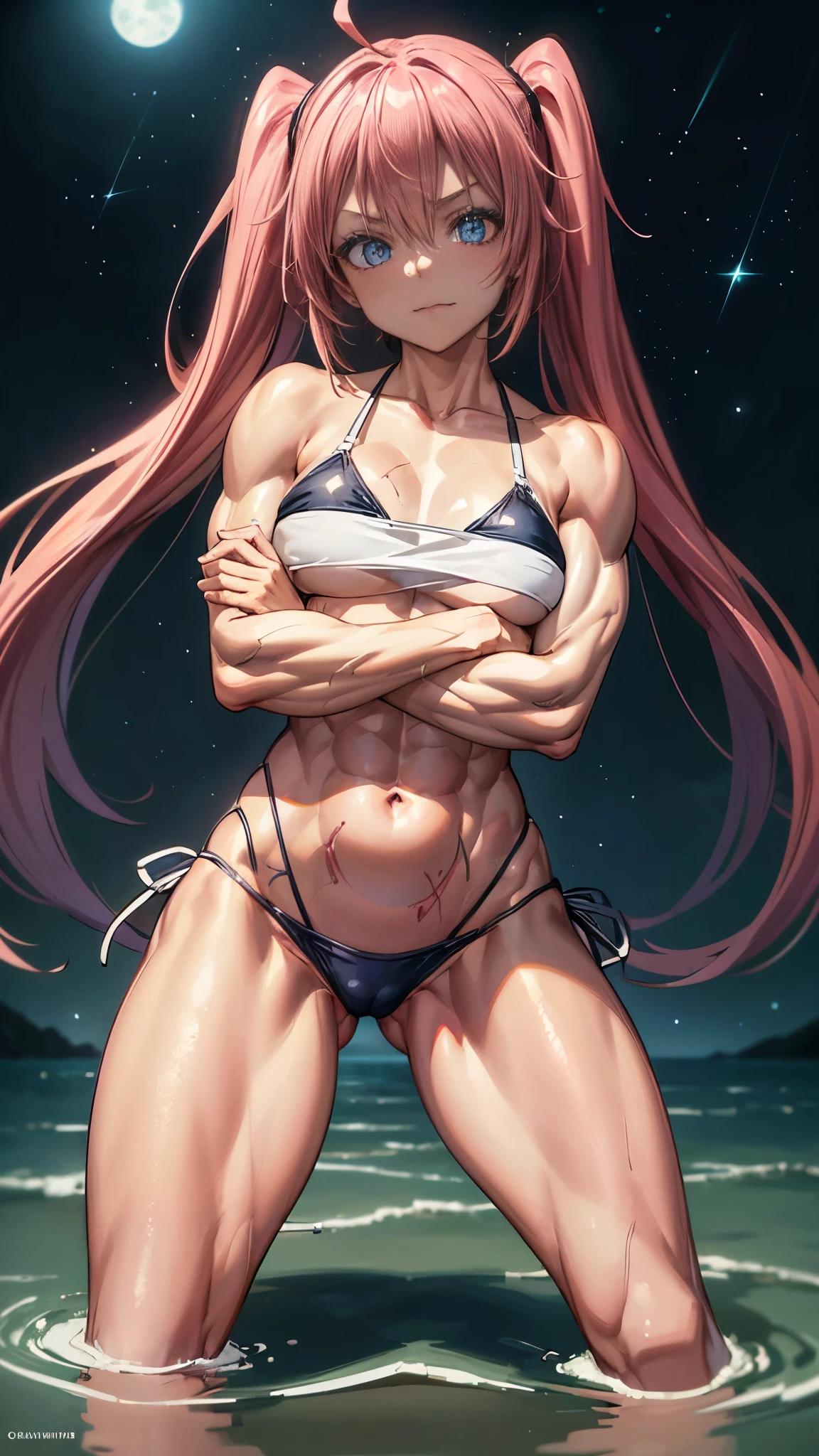 1 girl, (medium breasts))), (((wearing short bikini))), (Long pink hair), (((blue eyes))), thin arms, (on the beach at night with starry sky and full moon blood), (thin waist), (((muscular legs))), muscular belly, barefoot, (((crossed arms))), (full body photo), (twintails), long eyes, eye reflex, Bad mood , anime, anime style, ray tracing, reflection, drop shadow, panorama, Sony FE, 8K, UDisk, artwork, accurate, anatomically correct, super detail, best quality, ultra-high resolution, hard drive, 16K