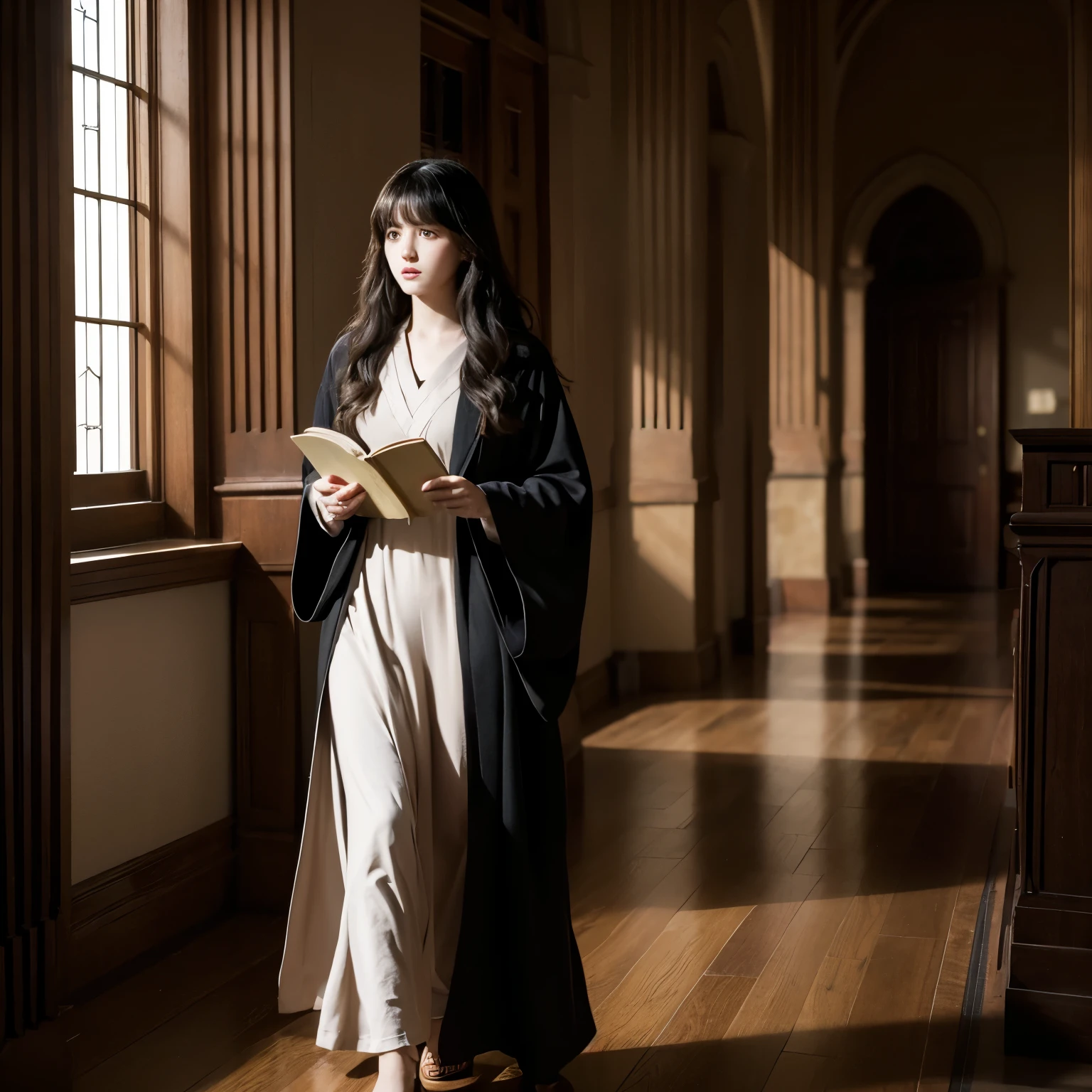 girl wearing a griffindor robe long black hair with curtain bangs, black eyes and holding a book and a wand beside her is Hermione granger walking with her at the Hall