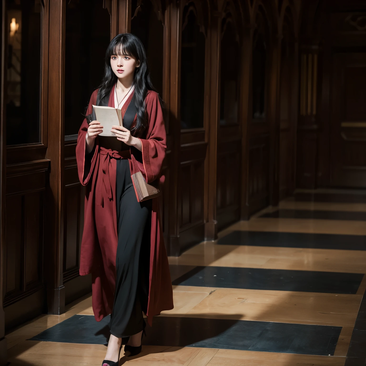 girl wearing a griffindor robe long black hair with curtain bangs, black eyes and holding a book and a wand beside her is Hermione granger walking with her at the Hall
