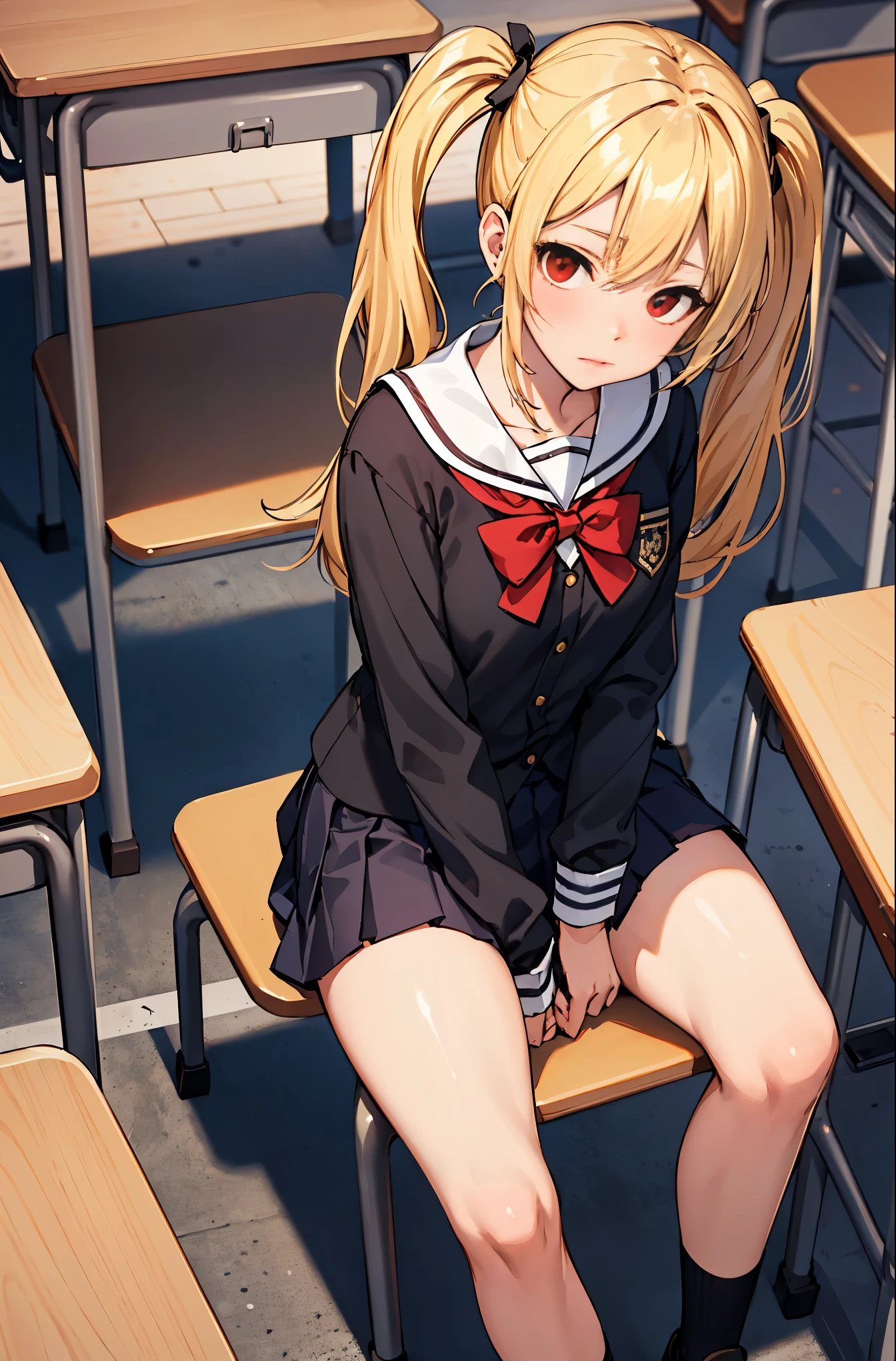 (masterpiece:1.2, highest quality), 1 female, alone, school uniform, classroom, Day, sit, blonde, twin tails, red eyes, Open collaboration bone, black skin, (open chest:1.1),Angle from above:1.15