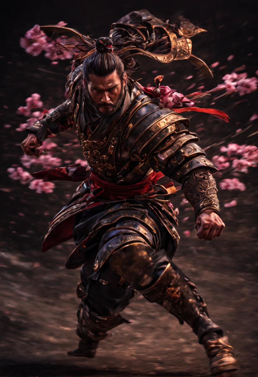 (best quality, 4k, 8k, high resolution, masterpiece: 1.2), ultra-detailed, (realistic, photorealistic, photorealistic: 1.37), a samurai, traditional armor, ultra-fine painting, HDR, UHD, studio lighting, physics-based Rendered, professional, vivid colors, long katana, shiny metallic armor, cloth robe with intricate patterns, cherry blossom background, sharp focus, polished helmet, decorative insignia, stoic and fierce expression, powerful stance, rippling muscles and defined physique, stylized hair, Artistic representation, dramatic lighting, color grading to enhance the traditional feel, authentic samurai footwear.