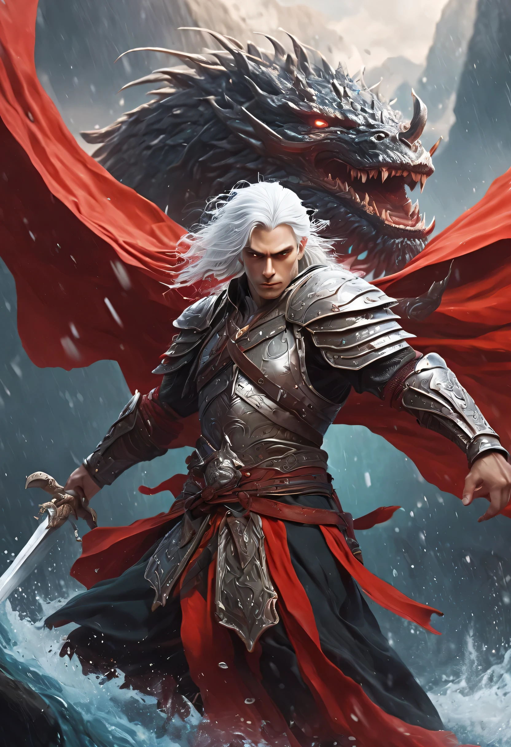 best quality,Ultra-fine,The white-haired warrior appears in the water ,(lifelike,photorealism:1.37),bright colors,clear focus,Defocused,(fantasy:1.2),(mystical landscapes),(dynamic poses:1.37),(intense gaze),(Extraordinary power),(the power of myth),black and red,rainy day