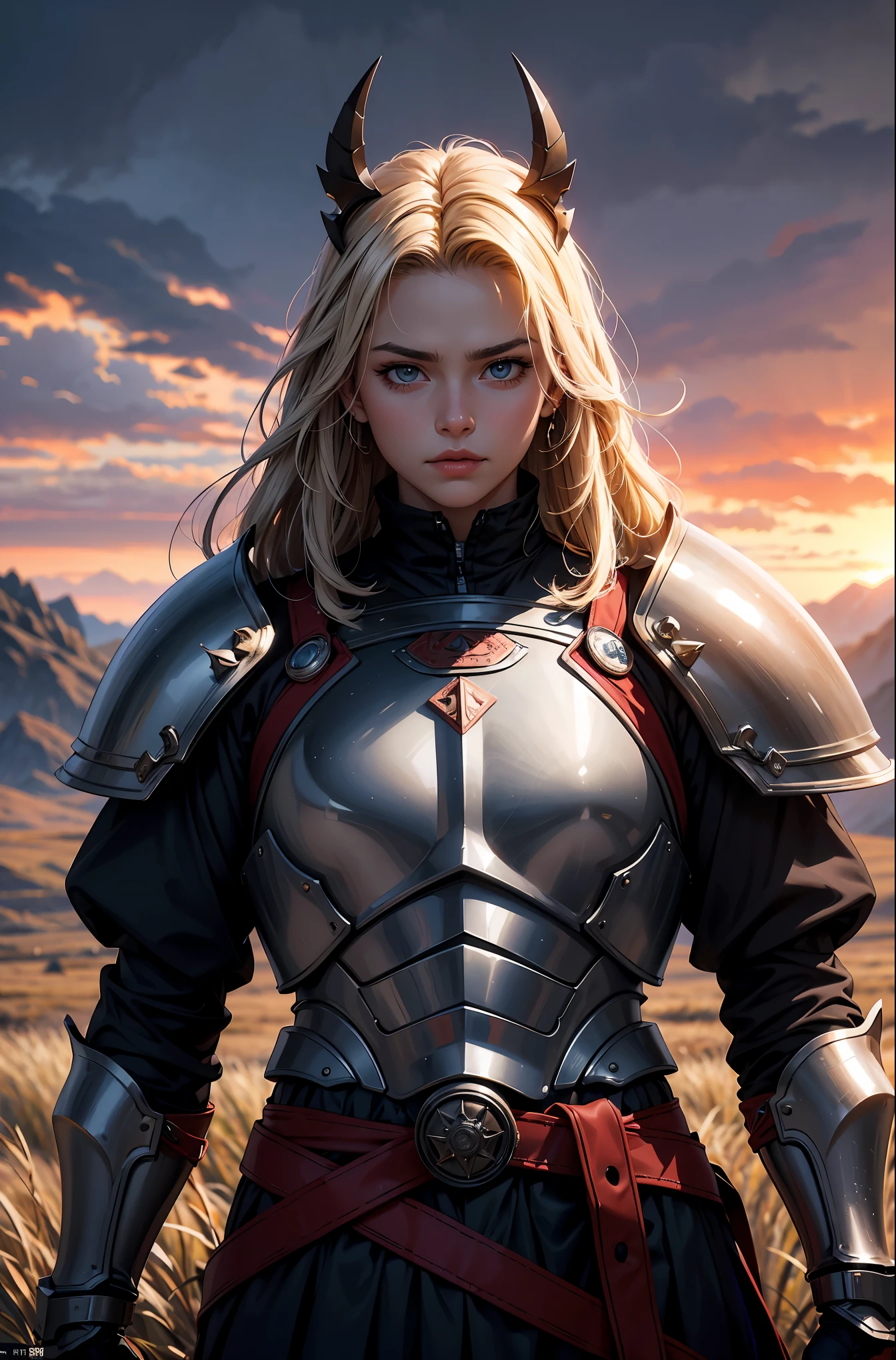 A fully armed warrior standing on a desolate field,backlit by the setting sun,gripping a sharp katana sword, determined eyes,warrior armor,sturdy armor,medieval armor,armor details,complex armor design,stoic stance,desolate landscape,sunset backdrop,detailed landscape,clear skies,best quality,4k,8k,highres,masterpiece:1.2,ultra-detailed,realistic,photorealistic,photo-realistic:1.37,HDR,UHD,studio lighting,ultra-fine painting,sharp focus,professional,portrait,sci-fi,vivid colors,warm color tones, dramatic lighting