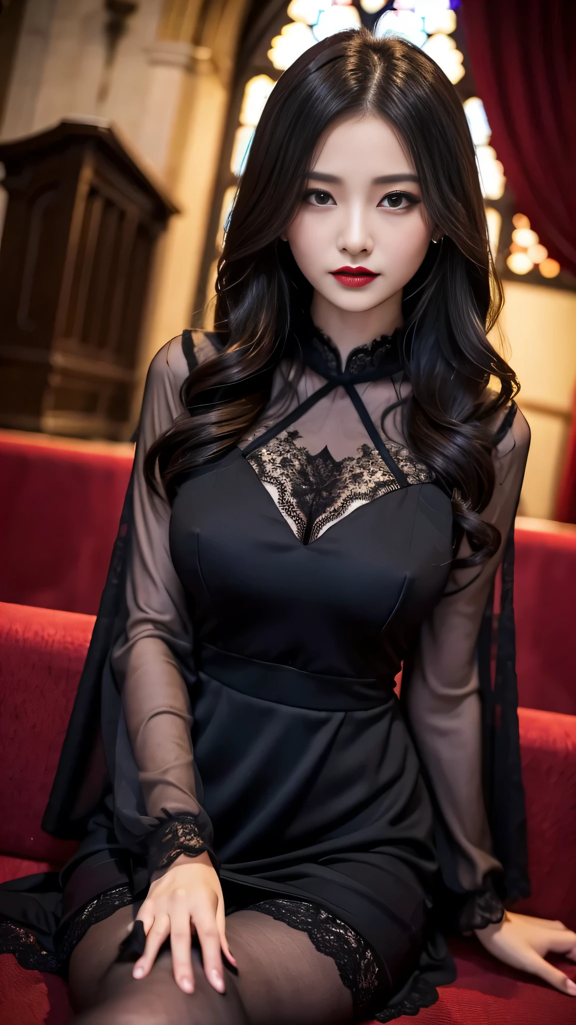 Super detailed、Japanese、charming beauty、seductive adult woman、Beautiful woman、sharp eyes、cool girl、wavy hair、suit、Black chiffon、lace fabric、wide sleeve、wearing a lace insert dress、white blouse、Tight Skirt、flesh colored pantyhose、Lustrous legs、evilの幹部、evil depravity、brainwashing、Mind control、lipstick、grin、evilな表情、evil、empty eyes、evil、church at night、vampire、evil woman、witch
