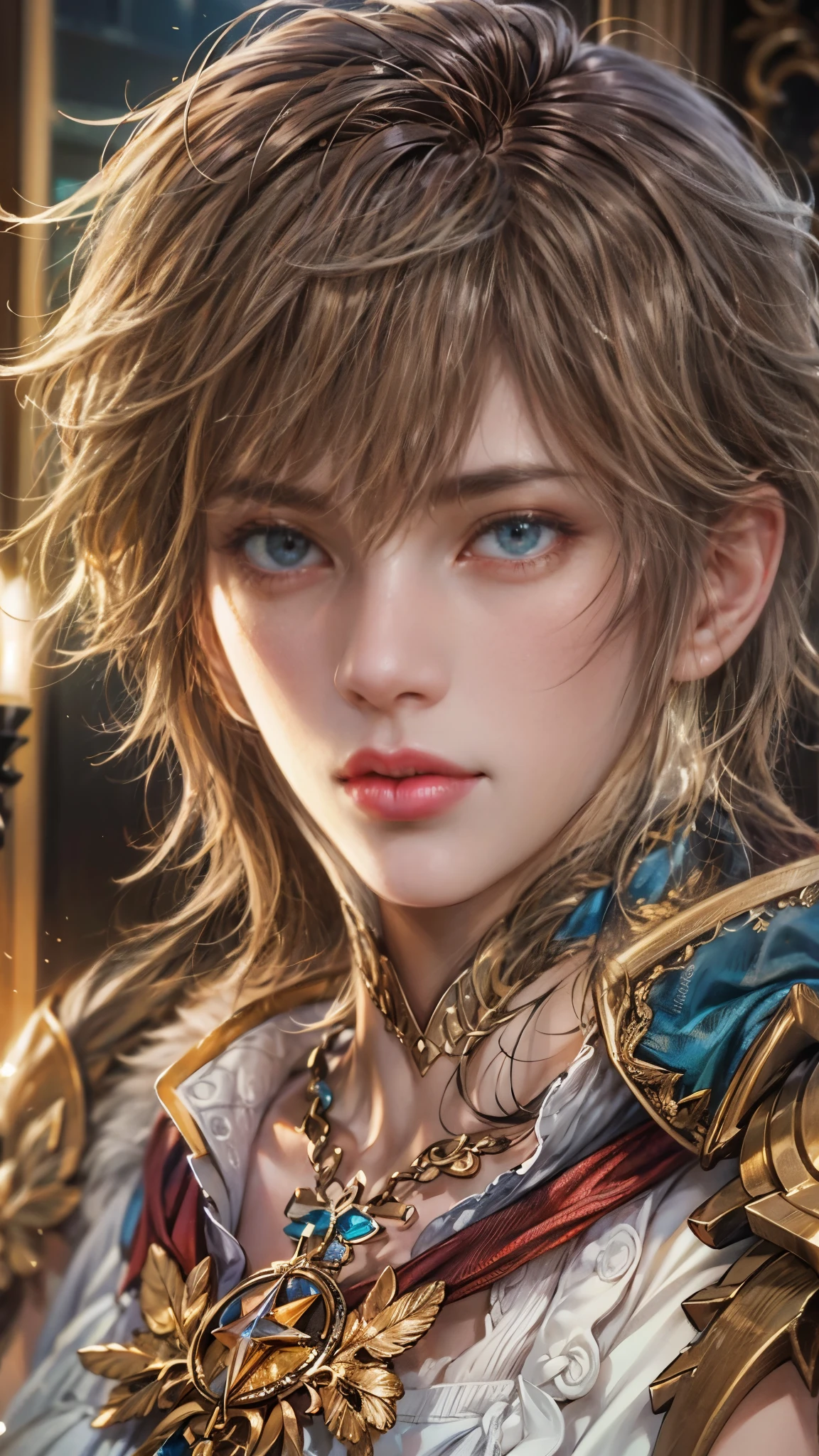 (absurdres, highres, ultra detailed, HDR), masterpiece, intricate details, best quality close-up picture of a character from Valkyrie Anatomia, an einherjar with handsome looks, korean face, short hair, anime eyes, matured teen, fantastic outfit showing chest, crop top, detailed dungeon interiors, window underworld scenery, detailed character, art kenouji