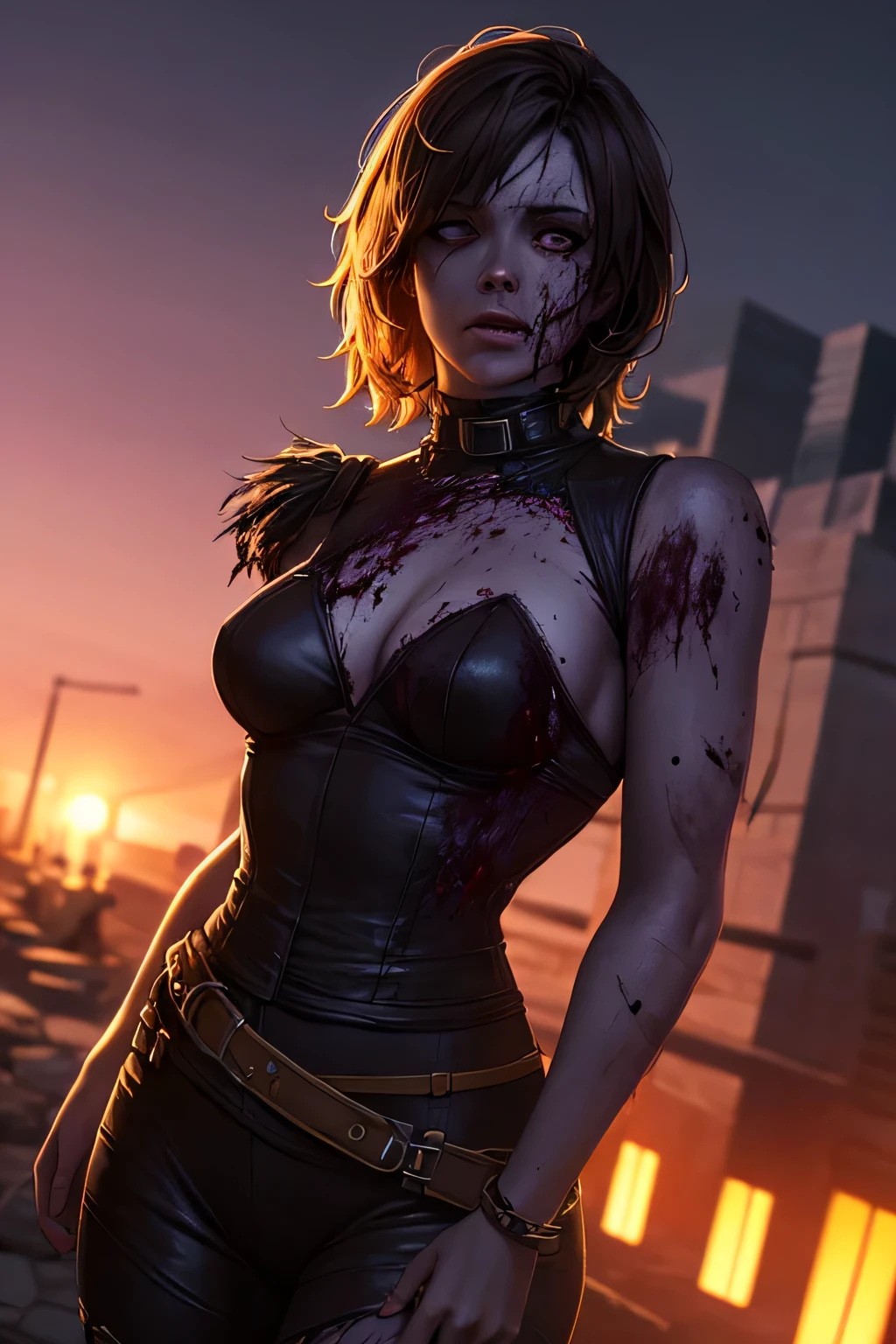 1 woman, solo, waist, (zombie), {purple skin}, dynamic angle, cinematic lighting, {{absurdres, masterpiece, 8k, extremely detailed}}, (rembrandt, midjourney), {unreal engine 5, realistic}, moonlit, {{landscape in background}}, (wounds)