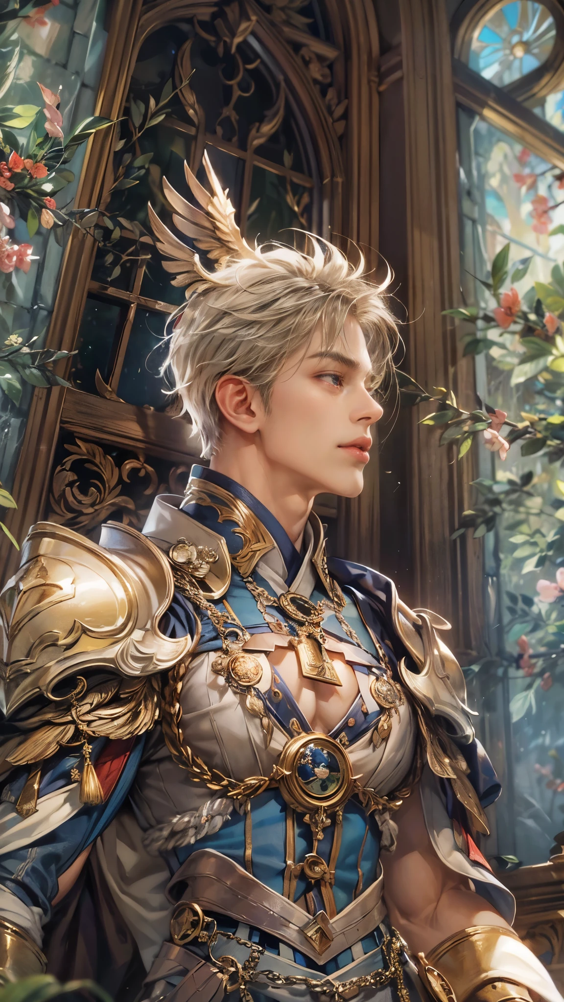 (absurdres, highres, ultra detailed, HDR), masterpiece, intricate details, best quality close-up picture of a character from Valkyrie Anatomia, an einherjar with handsome looks, korean face, short hair, anime eyes, matured teen, fantastic outfit showing chest, crop top, detailed dungeon interiors, window underworld scenery, detailed character, art kenouji