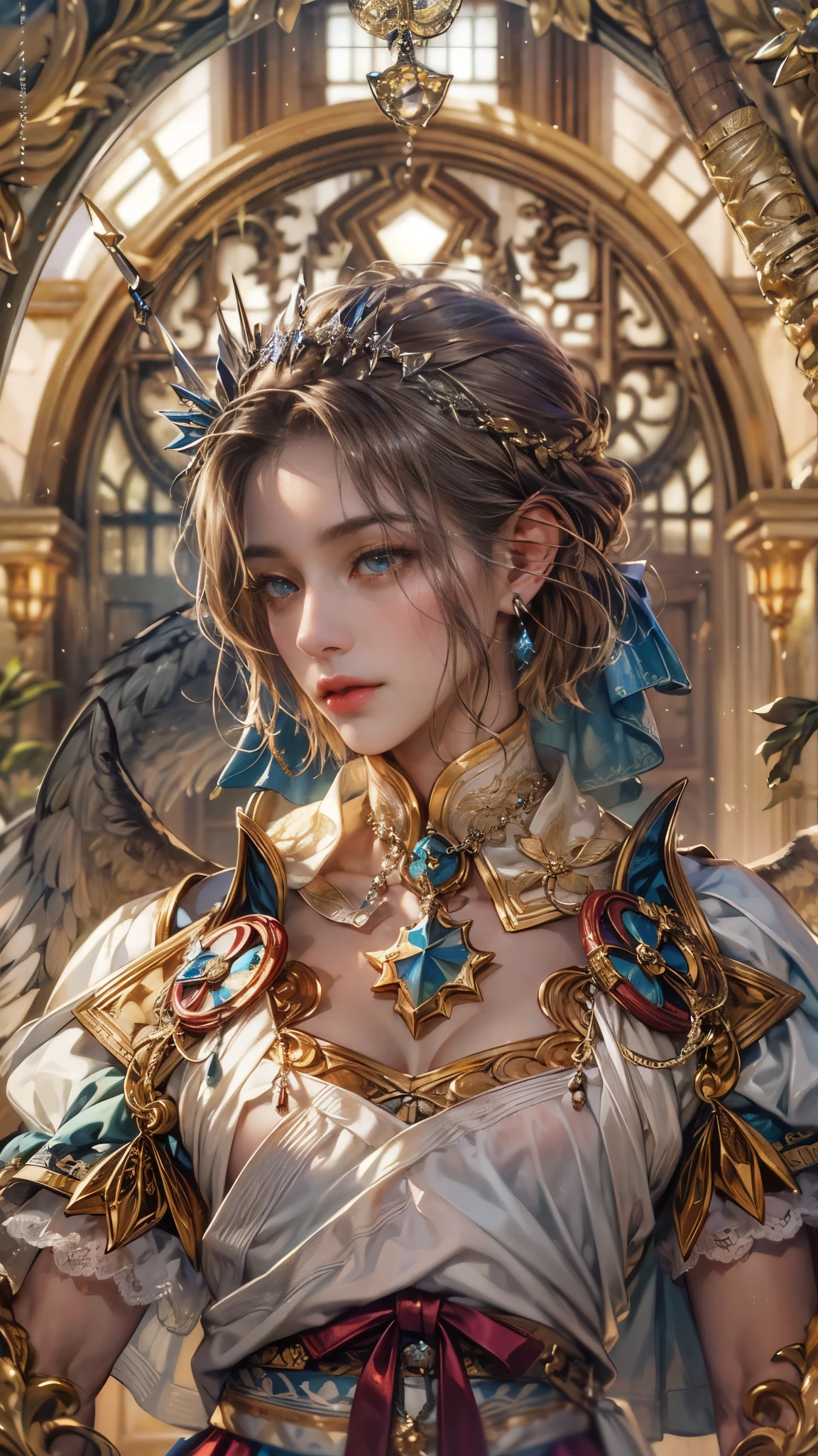 (absurdres, highres, ultra detailed, HDR), masterpiece, intricate details, best quality close-up picture of a character from Valkyrie Anatomia, an einherjar with handsome looks, korean face, short hair, anime eyes, matured , fantastic outfit showing chest, crop top, detailed dungeon interiors, window underworld scenery, detailed character, art kenouji