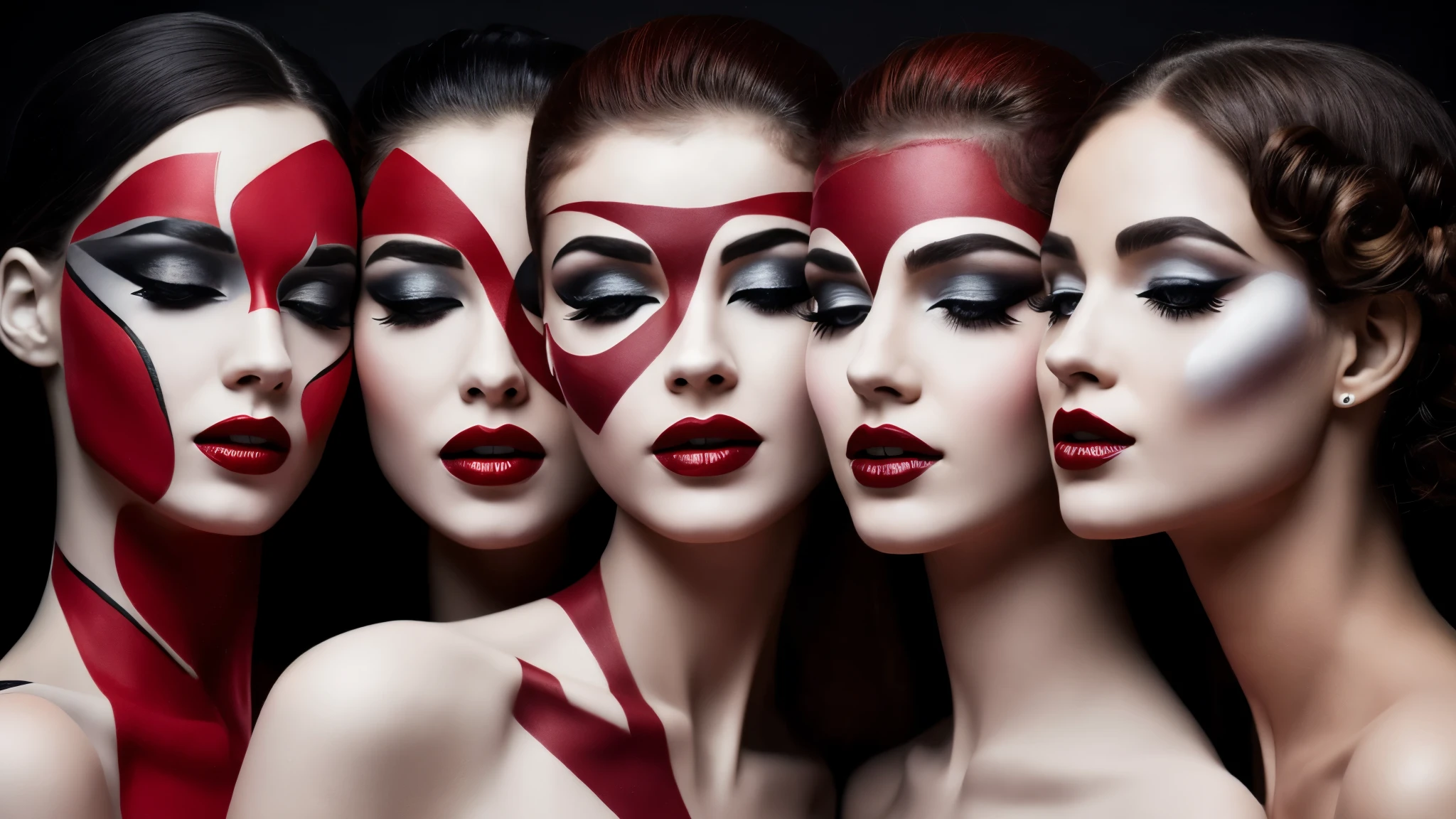 four mannequins kissing, digital art, trend on pexels, portrait of a woman made with paint, red black white gold, strong and warm makeup, grayscale face paint, two women, four mannequins hugging, their faces painted against the burning digital backdrop. Your lips pressed together, um contraste de batom vermelho forte e dourado ousado. Their bodies intertwined on the floor, uma obra-prima de arte moderna NFT em tons de cinza e vermelho, preto e branco.