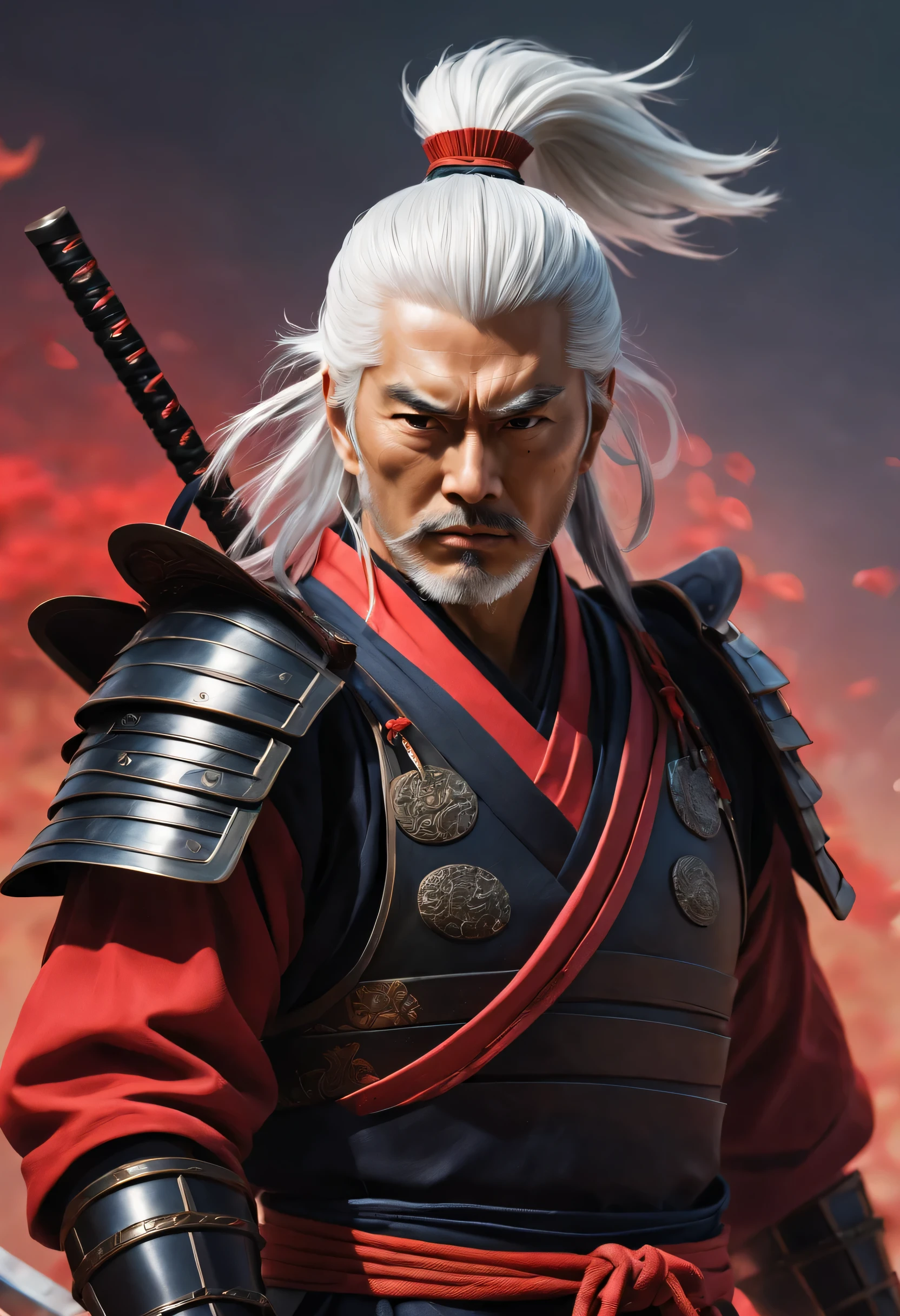 best quality，Ultra-fine，white haired samurai ，（lifelike，photorealism：1.37），bright colors，clear focus，Defocused，（fantasy：1.2），（mystical landscapes），（hero&#39;armor），（dynamic poses：1.37），（intense gaze），（Extraordinary power），（the power of myth），black and red，Red paint splashes in the air