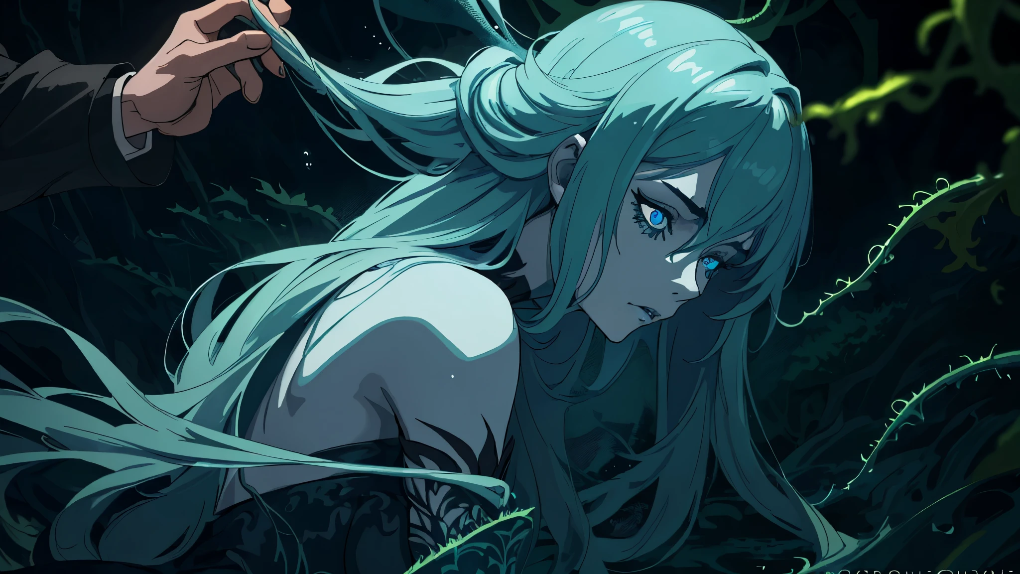 zrpgstyle, from_side from_below beautiful scary woman made of water (sadness expression:1.2) woman with (long water hair:1.2) rising out of the water moss smoke vines churning water fireflies midnight moonlight backlight (masterpiece:1.2) (best quality) (detailed) (intricate) (8k) (HDR) (wallpaper) (cinematic lighting) (sharp focus)
