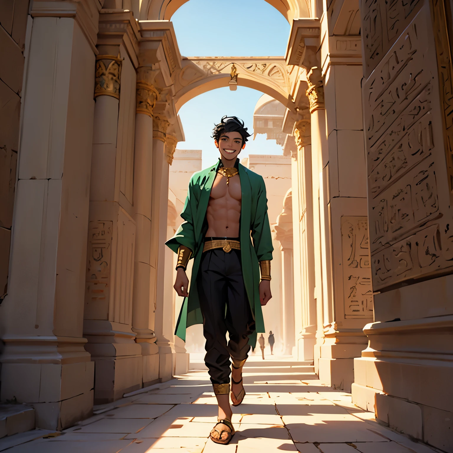 A thin 15-year-old boy walks smiling through the palaces of ancient Egypt, black hair, brown skin, green eyes, elegant black clothes with gold, bare chest, wears red gold jewelry.