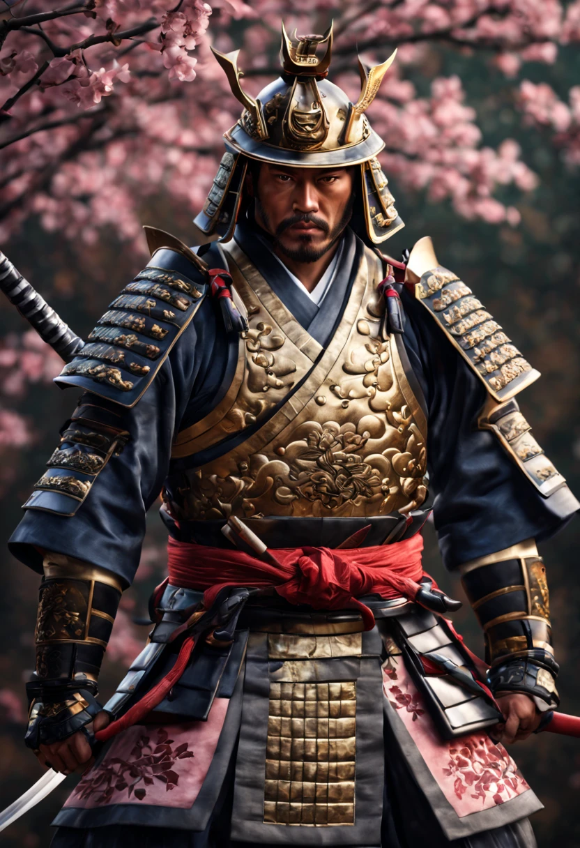(best quality, 4k, 8k, high resolution, masterpiece: 1.2), ultra-detailed, (realistic, photorealistic, photorealistic: 1.37), a samurai, traditional armor, ultra-fine painting, HDR, UHD, studio lighting, physics-based Rendered, professional, vivid colors, long katana, shiny metallic armor, cloth robe with intricate patterns, cherry blossom background, sharp focus, polished helmet, decorative insignia, stoic and fierce expression, powerful stance, rippling muscles and defined physique, stylized hair, Artistic representation, dramatic lighting, color grading to enhance the traditional feel, authentic samurai footwear.