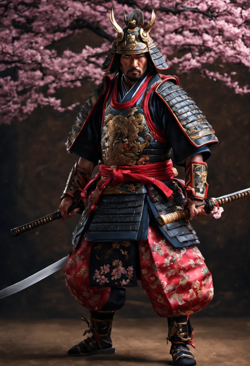 (best quality, 4k, 8k, high resolution, masterpiece: 1.2), ultra-detailed, (realistic, photorealistic, photorealistic: 1.37), a samurai, traditional armor, ultra-fine painting, HDR, UHD, studio lighting, physics-based Rendered, professional, vivid colors, long katana, shiny metallic armor, cloth robe with intricate patterns, cherry blossom background, sharp focus, polished helmet, decorative insignia, stoic and fierce expression, powerful stance, rippling muscles and defined physique, stylized hair, Artistic representation, dramatic lighting, color grading to enhance the traditional feel, authentic samurai footwear.