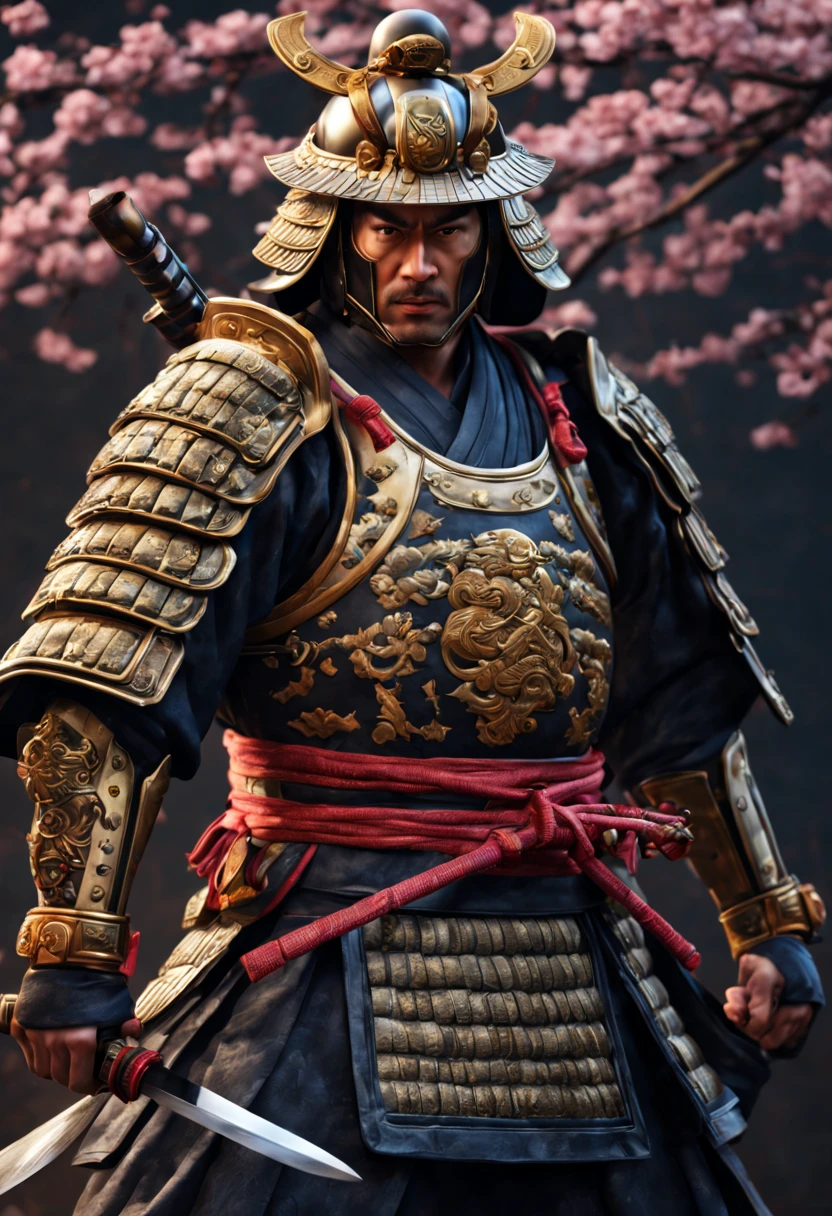 (best quality, 4k, 8k, high resolution, masterpiece: 1.2), ultra-detailed, (realistic, photorealistic, photorealistic: 1.37), a samurai, traditional armor, ultra-fine painting, HDR, UHD, studio lighting, physics-based Rendered, professional, vivid colors, long katana, shiny metallic armor, cloth robe with intricate patterns, cherry blossom background, sharp focus, polished helmet, decorative insignia, stoic and fierce expression, powerful stance, rippling muscles and defined physique, stylized hair, Artistic representation, dramatic lighting, color grading to enhance the traditional feel, authentic samurai footwear.
