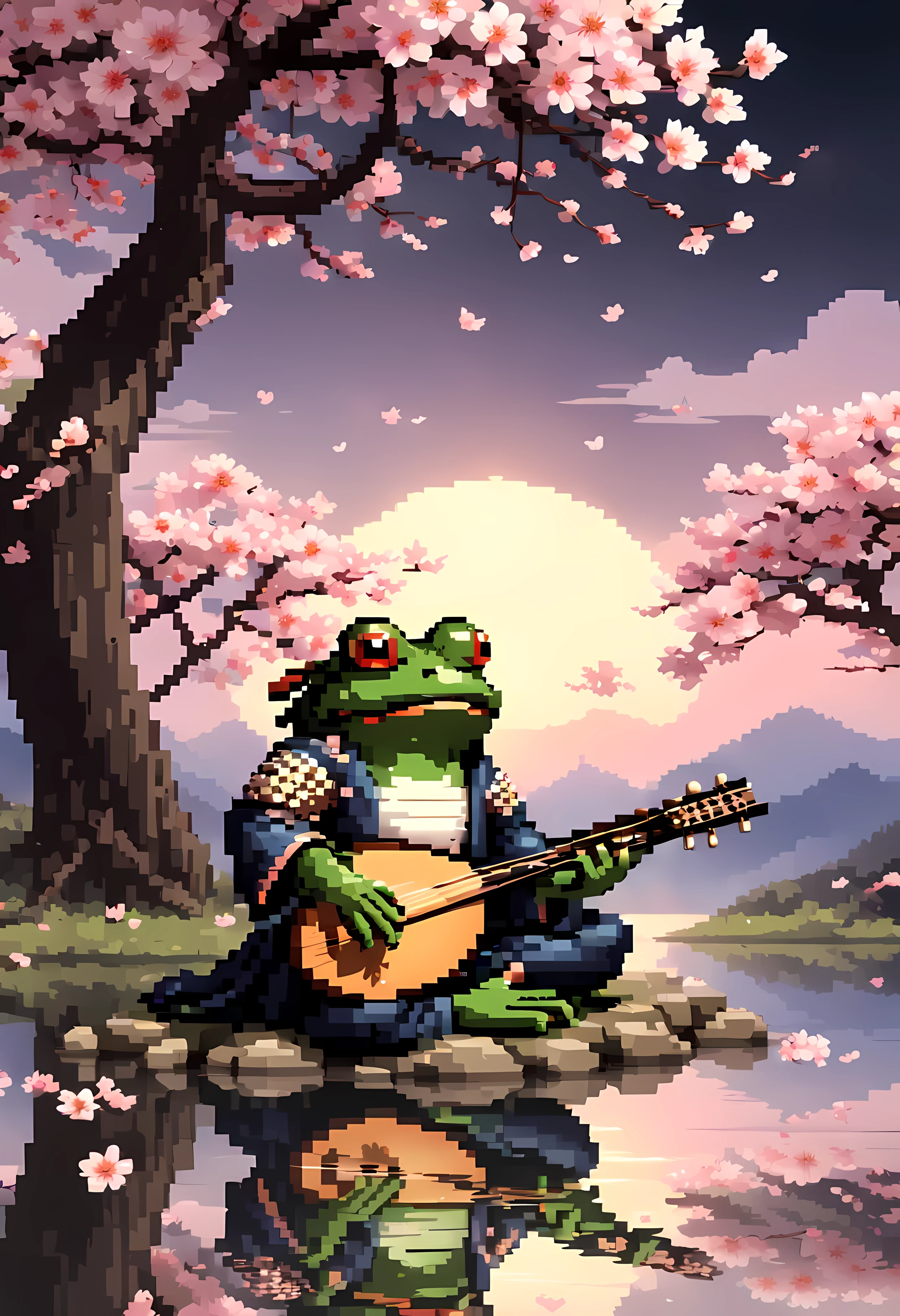 (pixel art:1.4), masterpiece in maximum 16K resolution, (solo close up front view:1.4) captivating scene featuring a lone (frog (samurai) sitting in a ((meditative pose)) under a big Sakura tree) emanating magical soft glow. | The frog samurai ((playing a shamisen)) and (wearing an intricately designed traditional Japanese armor crafted from shimmering lotus leaves), has a ((katana)) made of finest steel. | Blossoms ((flutter gently)) to the ground, a serene (moonlit:0.5) night. | ((More_Detail))
