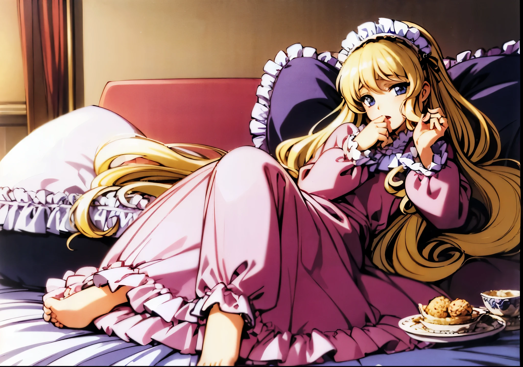 ,highest quality, masterpiece, highest resolution, artwork, super それにget used to it, many get used to it, get used to it, それにget used to it, 3K anime illustration,(( 10 year old girl)),Super detailed baby face,high quality small face,long blonde hair that grows to the waist,blue eyes,白い肌のeuropean,pajamas, european,(((super long blonde hair))),curly hair,blue eyes,((((ピンクのロリータファッションのlong skirtのワンピースドレス)))),((Pink dress with lots of frills and ribbons)),((Luxurious headdress with frills and ribbons)),detailed headdress,,(((big yoke collar))),Yoke collar with ruffles and ribbons,((((long sleeve)))),ruffle sleeves,((((long skirt)))),white ruffle and lace socks,large frill and ribbon pillow,detailed costume,ピンクの贅沢なcanopy bedの上,canopy bed,The bed is surrounded by luxurious curtains,many frilly pillows on the bed,super detailed background,detailed bed,romantic atmosphere,soft pink comforter,soft ruffle pillow,Beautiful girl illustration,detailed beautiful face detailed hair,detailed human eye ,detailed mouth, arm details,fine hands,Detailed pillow,wide bed,Illustration on the bed, ,((((round futon)))),((((A large ruffled futon that covers the entire bed)))),detailed comforter,detailed bedシーツ,
