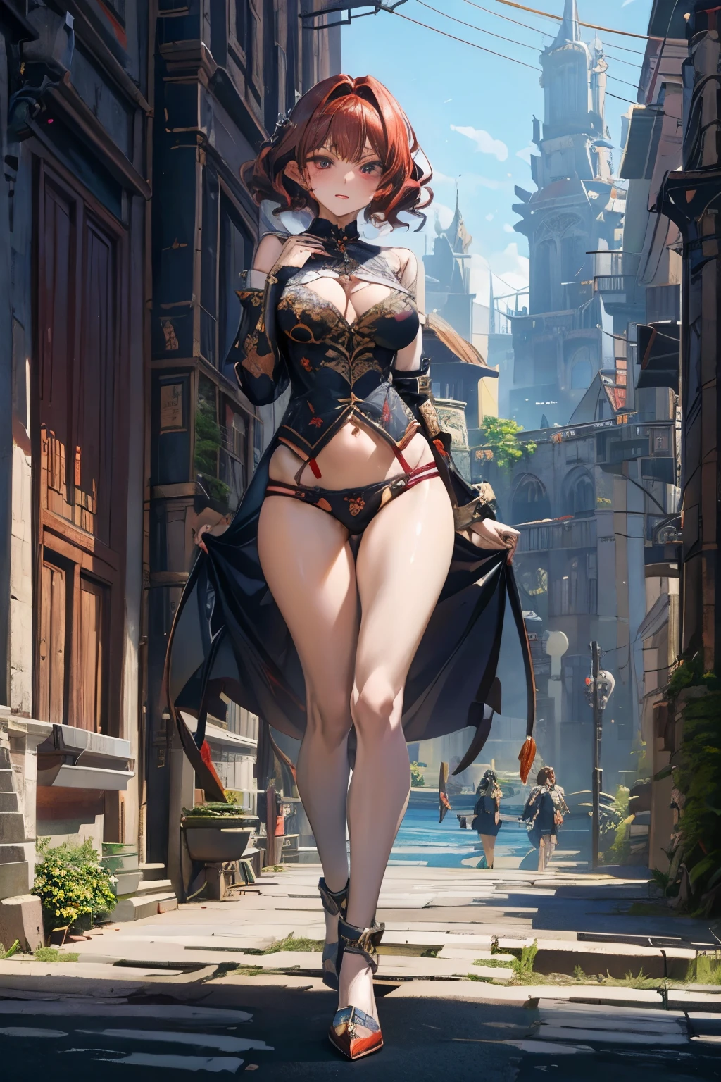 masutepiece, Best Quality, colorful, ray tracing, perfect lighting, extremely detailed 8k wallpaper, detailed background, High resolution, solo, 1girl, Full body, Description Girls, detail hands, Detail fingers, Detail Face, cute face, detail legs, overdetailed art, Fine details, large breasts, big ass, fantasy, red hair, (wavy hair), (bob cut), leather armor, in town, walking