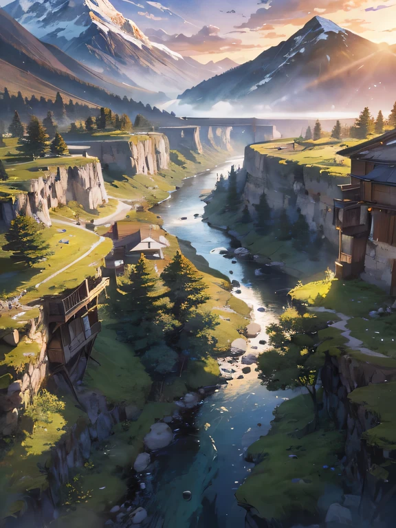 creek，mountains，Draw a river through the forest，一条creek流流经周围岩石山谷的图片，The background is the Sunset，night，Sunset，Highly detailed digital painting,epic scenery, landscape artwork，Vibrant landscape painting,
