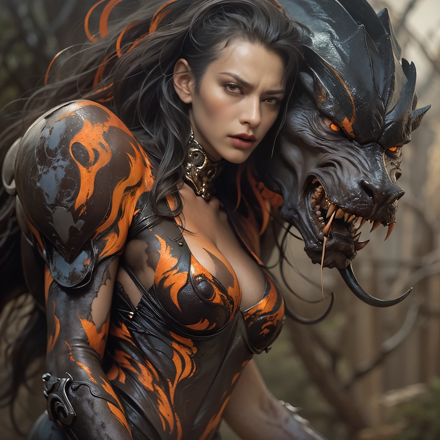 1 female alien, The predator, (extremely beautiful:1.2), (intense gaze:1.4), (predator:1.1), long dark claws, (NSFW:0.8), nipples, thick eyebrows, (shine orange eyes:1.5), the most beautiful face in the universe, ((There is a female genital-like organ in the middle of her forehead:1.1)), NSFW,

A woman with an extremely beautiful face, her intense gaze fixed on her prey, a primal force that could not be denied.

(beautiful lean body:1.5), (muscular build:1.2), (prowling:1.3), (sleek movements:1.4)

Her beautiful body, muscular and toned, moved with sleek grace as she prowled, ready to strike at a moment's notice. The predator within her was always on