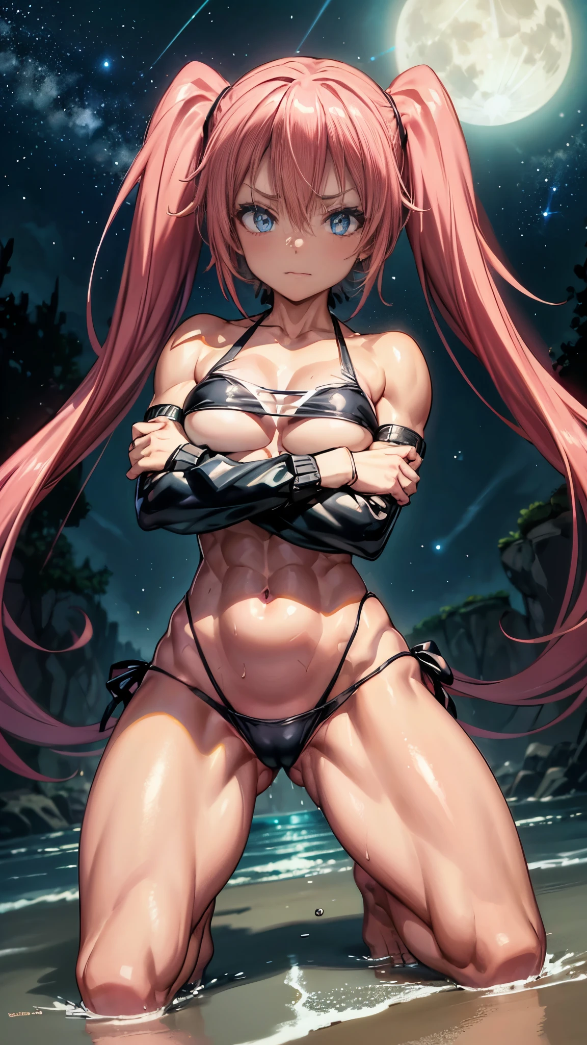 1 girl, (medium breasts))), (((wearing short bikini))), (Long pink hair), (((blue eyes))), thin arms, (on the beach at night with starry sky and full moon blood), (thin waist), (((muscular legs))), muscular belly, barefoot, (((crossed arms))), (full body photo), (twintails), long eyes, eye reflex, Bad mood , anime, anime style, ray tracing, reflection, drop shadow, panorama, Sony FE, 8K, UDisk, artwork, accurate, anatomically correct, super detail, best quality, ultra-high resolution, hard drive, 16K