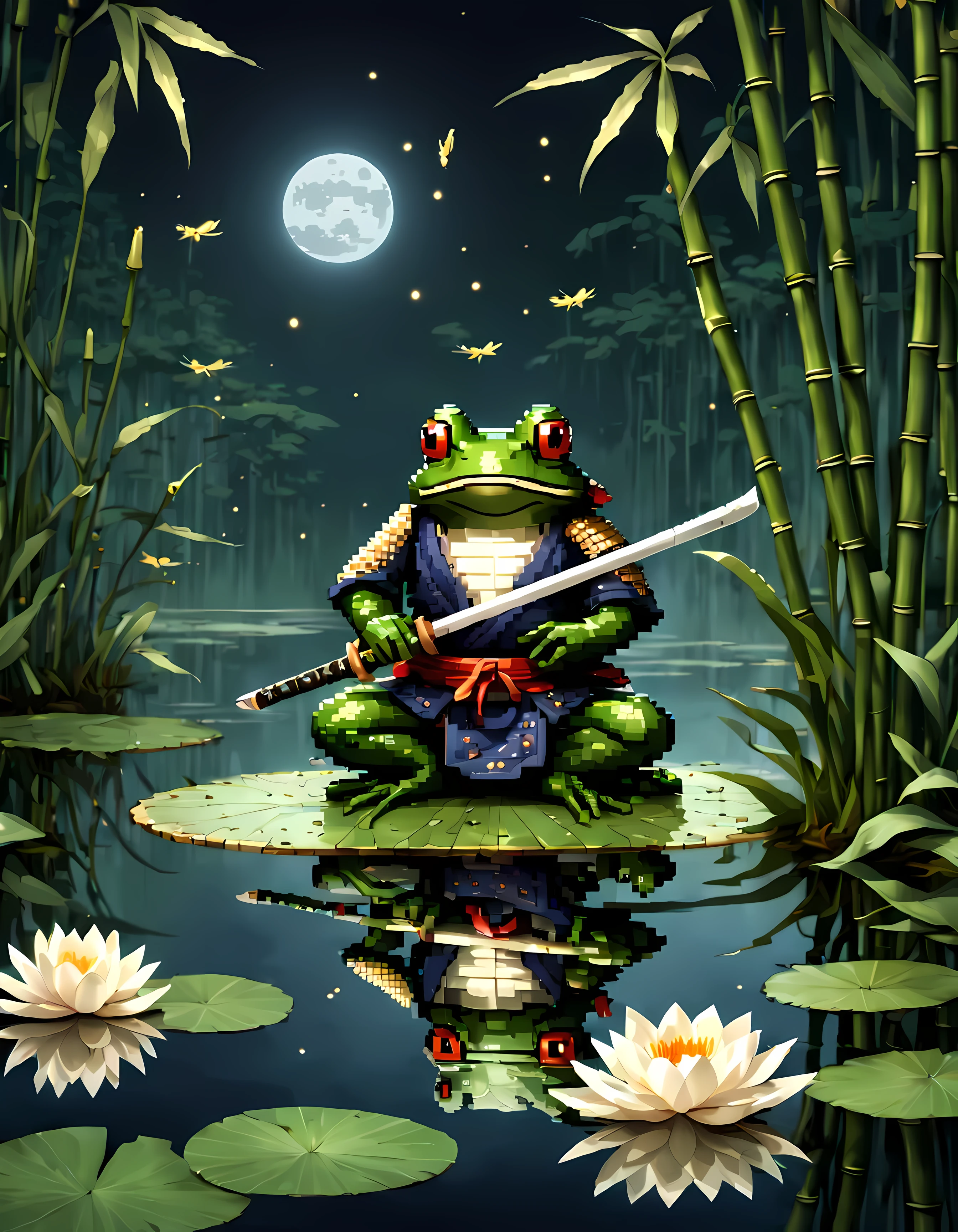 (pixel art:1.4), masterpiece in maximum 16K resolution, (solo close up front view:1.4) captivating scene featuring a lone (frog (samurai) sitting in a ((meditative pose)) under a big Sakura tree) emanating magical soft glow. | The frog samurai ((playing a shamisen)) and (wearing an intricately designed traditional Japanese armor crafted from shimmering lotus leaves), has a ((katana)) made of finest steel. | Blossoms ((flutter gently)) to the ground, a serene (moonlit:0.5) night. | ((More_Detail))
