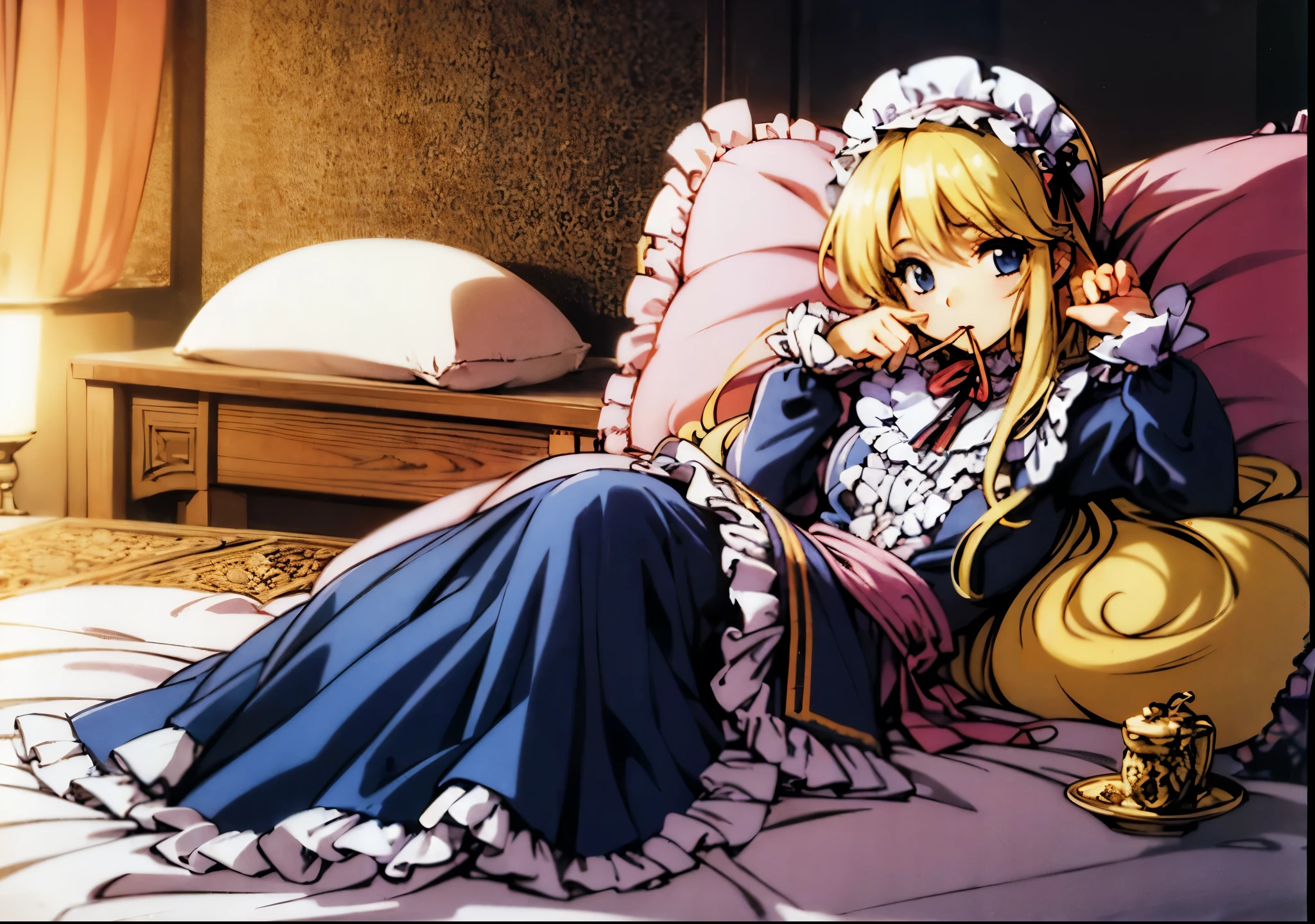 ,highest quality, masterpiece, highest resolution, artwork, super それにget used to it, many get used to it, get used to it, それにget used to it, 3K anime illustration,(( 10 year old girl)),Super detailed baby face,high quality small face,long blonde hair that grows to the waist,blue eyes,白い肌のeuropean,pajamas, european,(((super long blonde hair))),curly hair,blue eyes,((((ピンクのロリータファッションのlong skirtのワンピースドレス)))),((Pink dress with lots of frills and ribbons)),((Luxurious headdress with frills and ribbons)),detailed headdress,,(((big yoke collar))),Yoke collar with ruffles and ribbons,((((long sleeve)))),ruffle sleeves,((((long skirt)))),white ruffle and lace socks,large frill and ribbon pillow,detailed costume,ピンクの贅沢なcanopy bedの上,canopy bed,The bed is surrounded by luxurious curtains,many frilly pillows on the bed,super detailed background,detailed bed,romantic atmosphere,soft pink comforter,soft ruffle pillow,Beautiful girl illustration,detailed beautiful face detailed hair,detailed human eye ,detailed mouth, arm details,fine hands,Detailed pillow,wide bed,Illustration on the bed, ,((((round futon)))),((((A large ruffled futon that covers the entire bed)))),detailed comforter,detailed bedシーツ,