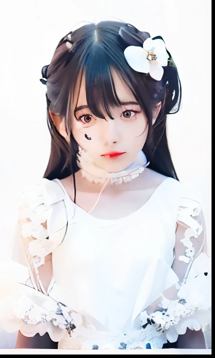1 girl, anime girl in white dress with flower in hair, black long hair, black eyes, cute girl, small girl, ultra detail, realistic, 70mm lens,