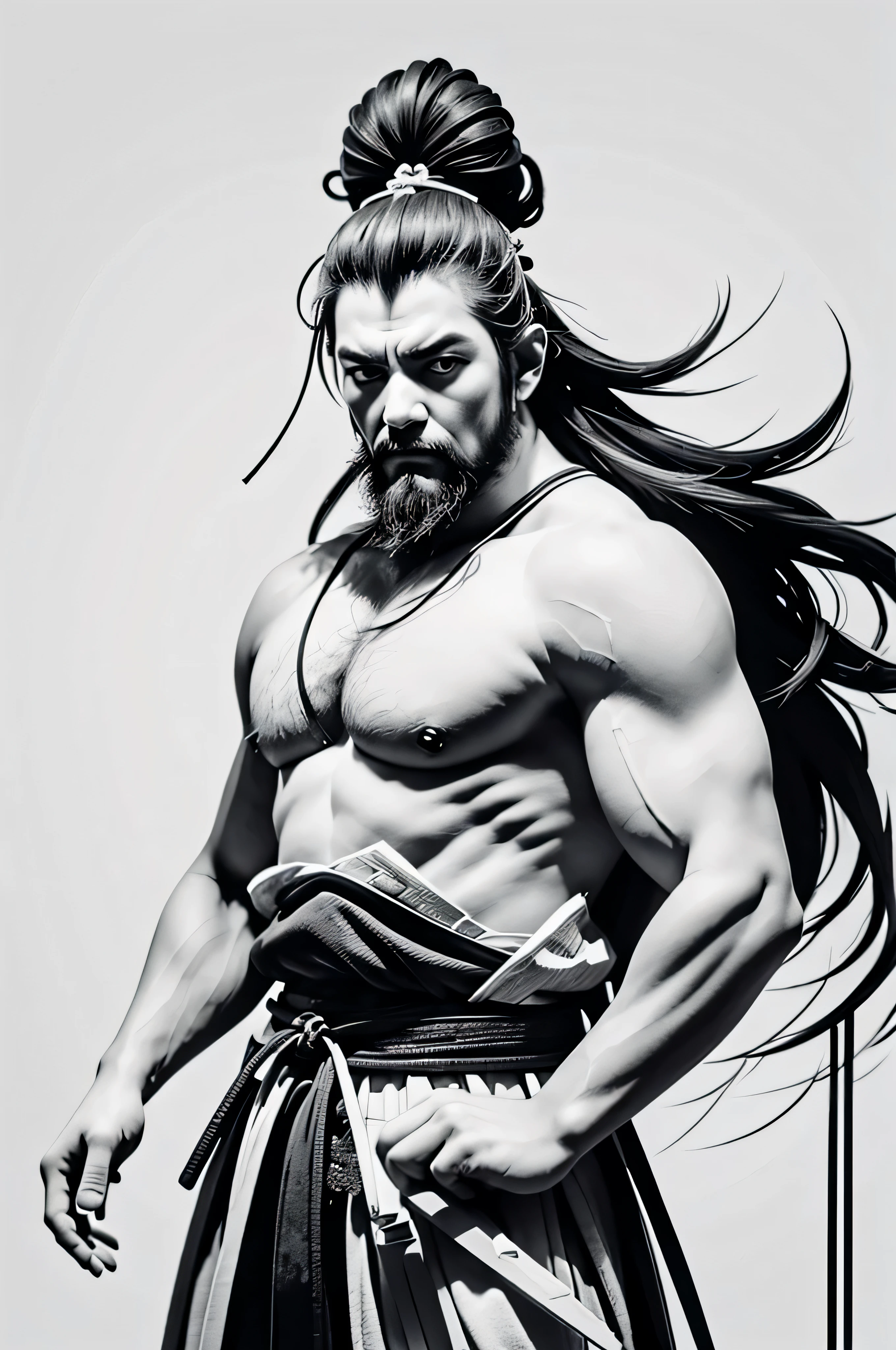 Black and white drawing of man wearing samurai costume, Vector art inspired by Kanō Hōgai, pixiv, New row added, Two plane style, urbansamurai, japanese samurai, samurai homeless man, Japanese traditional conceptual art, Miyamoto Musashi, Benedict Barna, samurai style, as samurai, street samurai