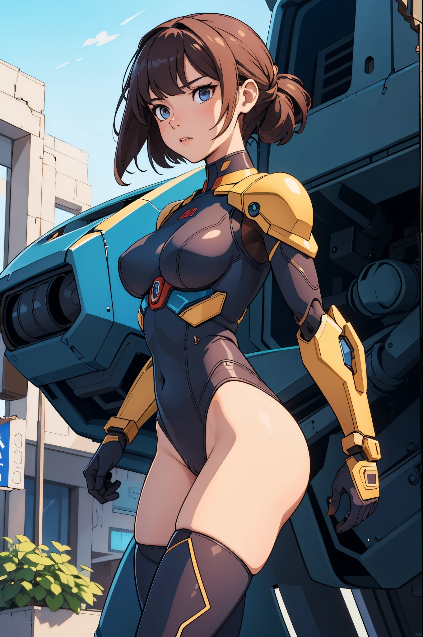 (masterpiece), best quality, highly detailed, detailed background, cinematic lighting, outdoor, 1girl, medium hair, medium breasts, mecha, bodysuit, leotard, bare legs