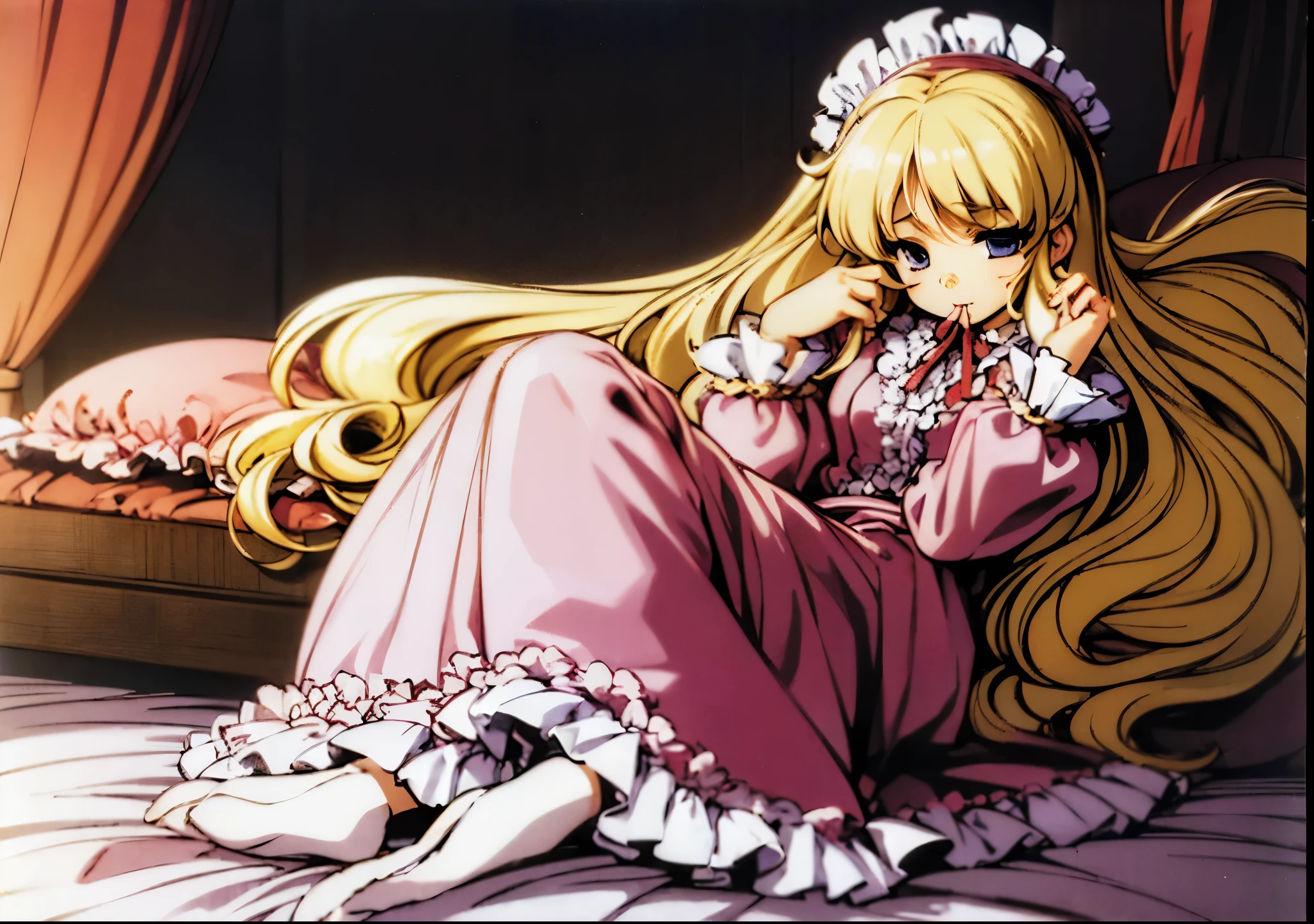 ,highest quality, masterpiece, highest resolution, artwork, super それにget used to it, many get used to it, get used to it, それにget used to it, 3K anime illustration,(( 10 year old girl)),Super detailed baby face,high quality small face,long blonde hair that grows to the waist,blue eyes,白い肌のeuropean,pajamas, european,(((super long blonde hair))),curly hair,blue eyes,((((ピンクのロリータファッションのlong skirtのワンピースドレス)))),((Pink dress with lots of frills and ribbons)),((Luxurious headdress with frills and ribbons)),detailed headdress,,(((big yoke collar))),Yoke collar with ruffles and ribbons,((((long sleeve)))),ruffle sleeves,((((long skirt)))),white ruffle and lace socks,large frill and ribbon pillow,detailed costume,ピンクの贅沢なcanopy bedの上,canopy bed,The bed is surrounded by luxurious curtains,many frilly pillows on the bed,super detailed background,detailed bed,romantic atmosphere,soft pink comforter,soft ruffle pillow,Beautiful girl illustration,detailed beautiful face detailed hair,detailed human eye ,detailed mouth, arm details,fine hands,Detailed pillow,wide bed,Illustration on the bed, ,((((round futon)))),((((A large ruffled futon that covers the entire bed)))),detailed comforter,detailed bedシーツ,