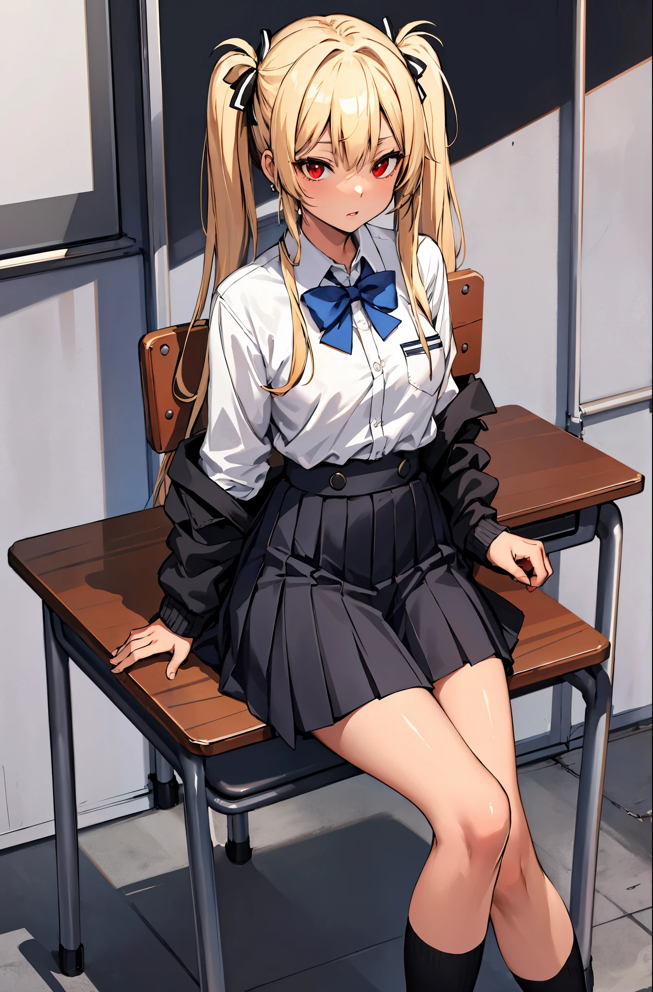 (masterpiece:1.2, highest quality), 1 female, alone, school uniform, classroom, Day, sit, blonde, twin tails, red eyes, Open collaboration bone, black skin, (open chest:1.1),