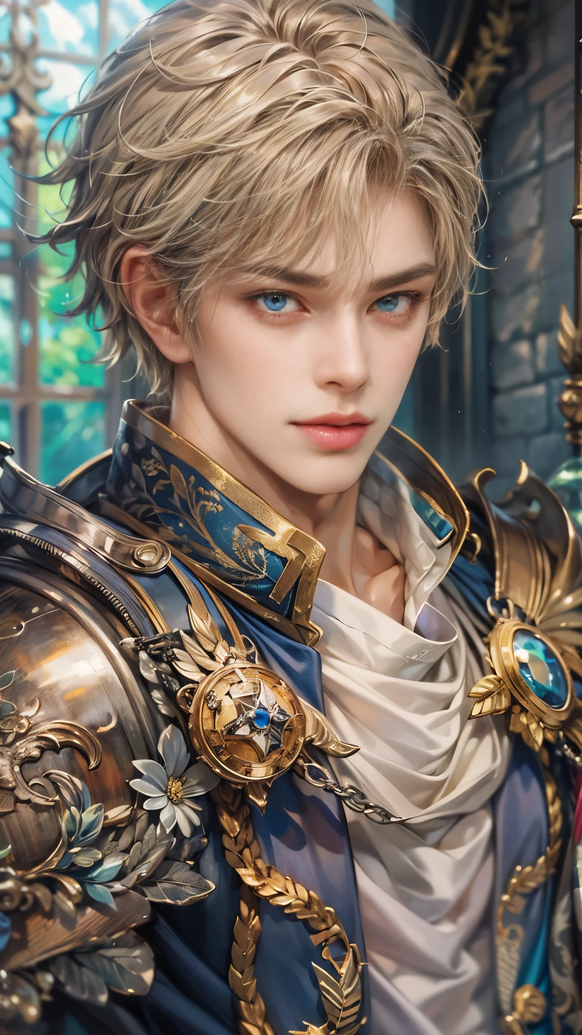 (absurdres, highres, ultra detailed, HDR), masterpiece, intricate details, best quality close-up picture of a character from Valkyrie Anatomia, an einherjar with handsome looks, korean face, short hair, anime eyes, matured , fantastic outfit showing chest, crop top, detailed dungeon interiors, window underworld scenery, detailed character, art kenouji