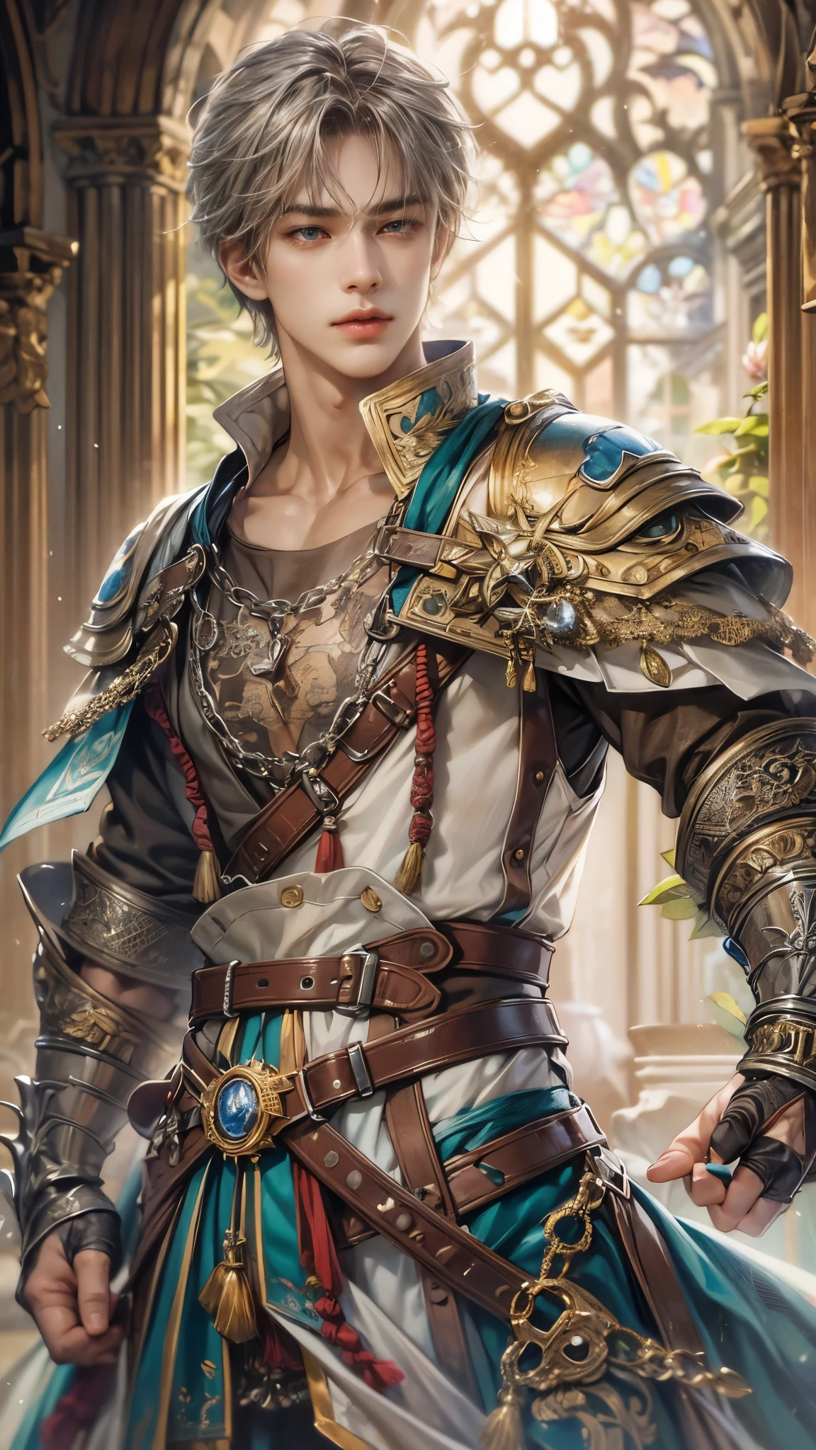 (absurdres, highres, ultra detailed, HDR), masterpiece, intricate details, best quality close-up picture of a character from Valkyrie Anatomia, an einherjar with handsome looks, korean face, short hair, anime eyes, matured , fantastic outfit showing chest, crop top, detailed dungeon interiors, window underworld scenery, detailed character, art kenouji