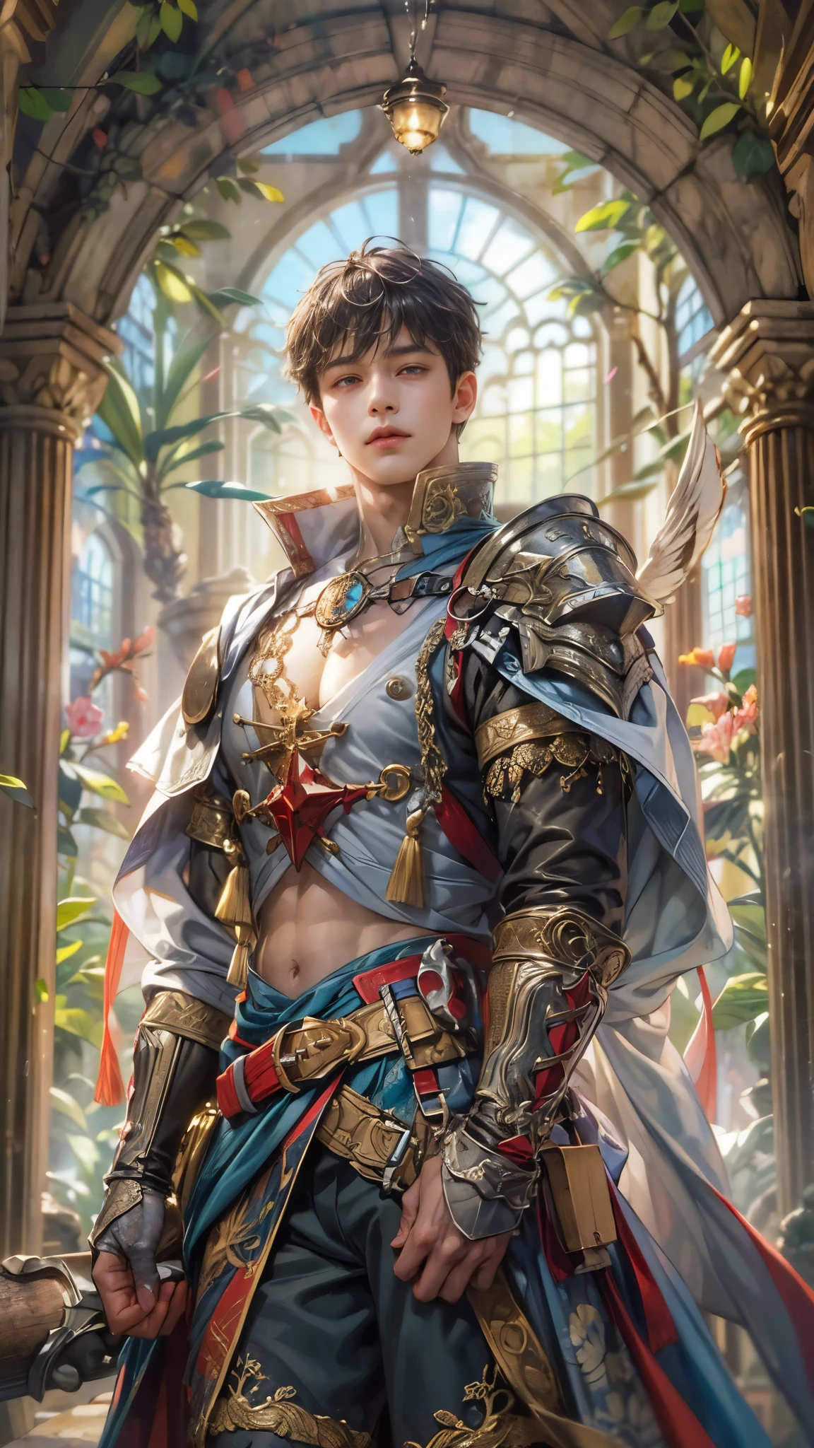 (absurdres, highres, ultra detailed, HDR), masterpiece, intricate details, best quality close-up picture of a character from Valkyrie Anatomia, an einherjar with handsome looks, korean face, short hair, anime eyes, matured teen, fantastic outfit showing chest, crop top, detailed dungeon interiors, window underworld scenery, detailed character, art kenouji