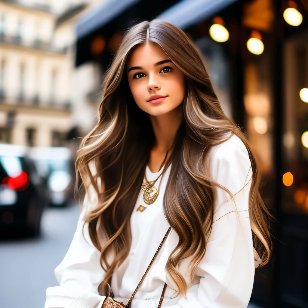 Girl, long brown hair, sleepy brown eyes, white skin, white features, with wavy hairstyle, Gucci jeans style, young woman, bag, Cafe in Paris