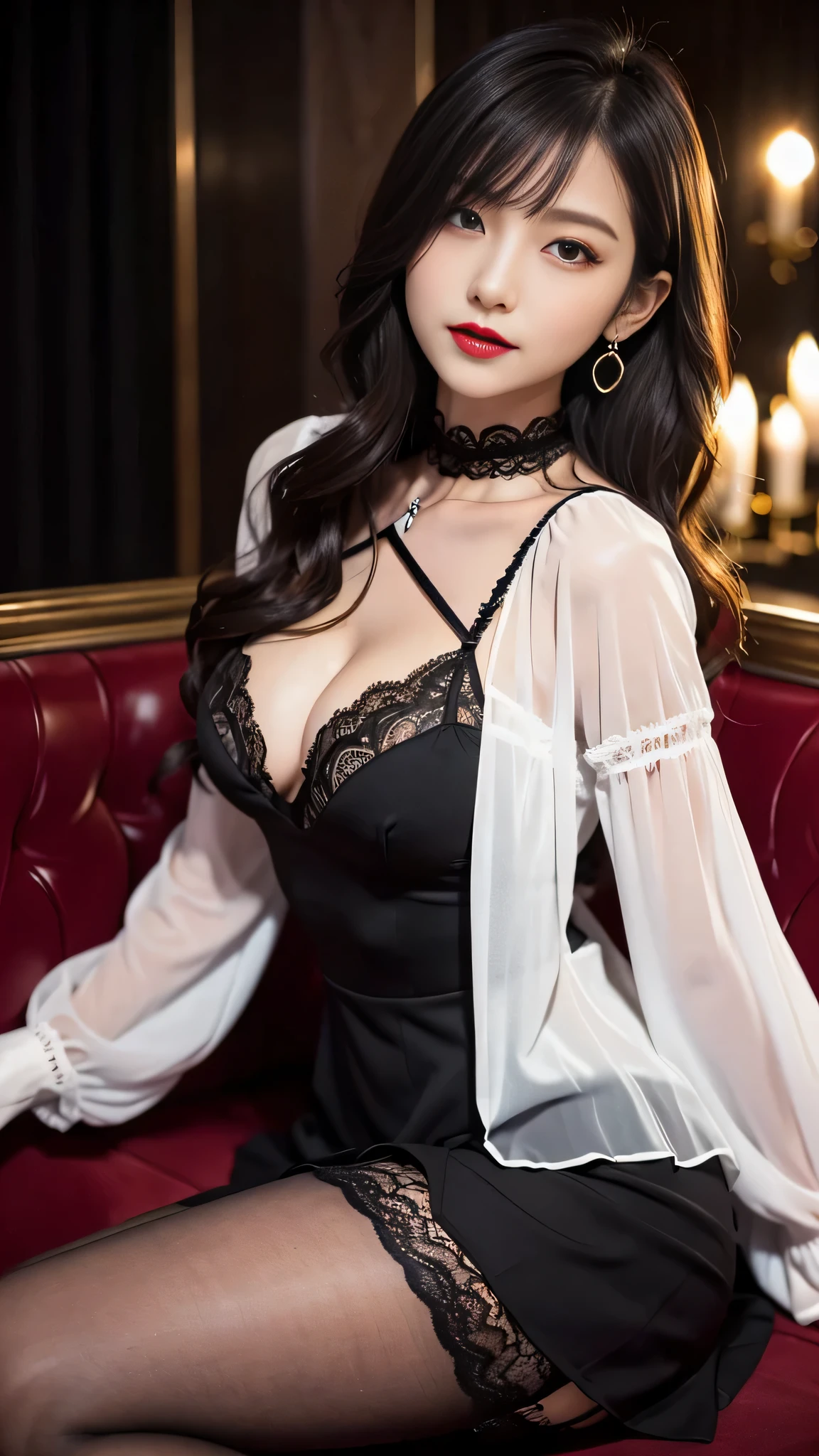 Super detailed、Japanese、charming beauty、seductive adult woman、Beautiful woman、sharp eyes、cool girl、wavy hair、suit、Black chiffon、lace fabric、wide sleeve、wearing a lace insert dress、white blouse、Tight Skirt、flesh colored pantyhose、Lustrous legs、evilの幹部、evil depravity、brainwashing、Mind control、lipstick、grin、evilな表情、evil、empty eyes、evil、church at night、vampire、evil woman、witch、brainwashinging