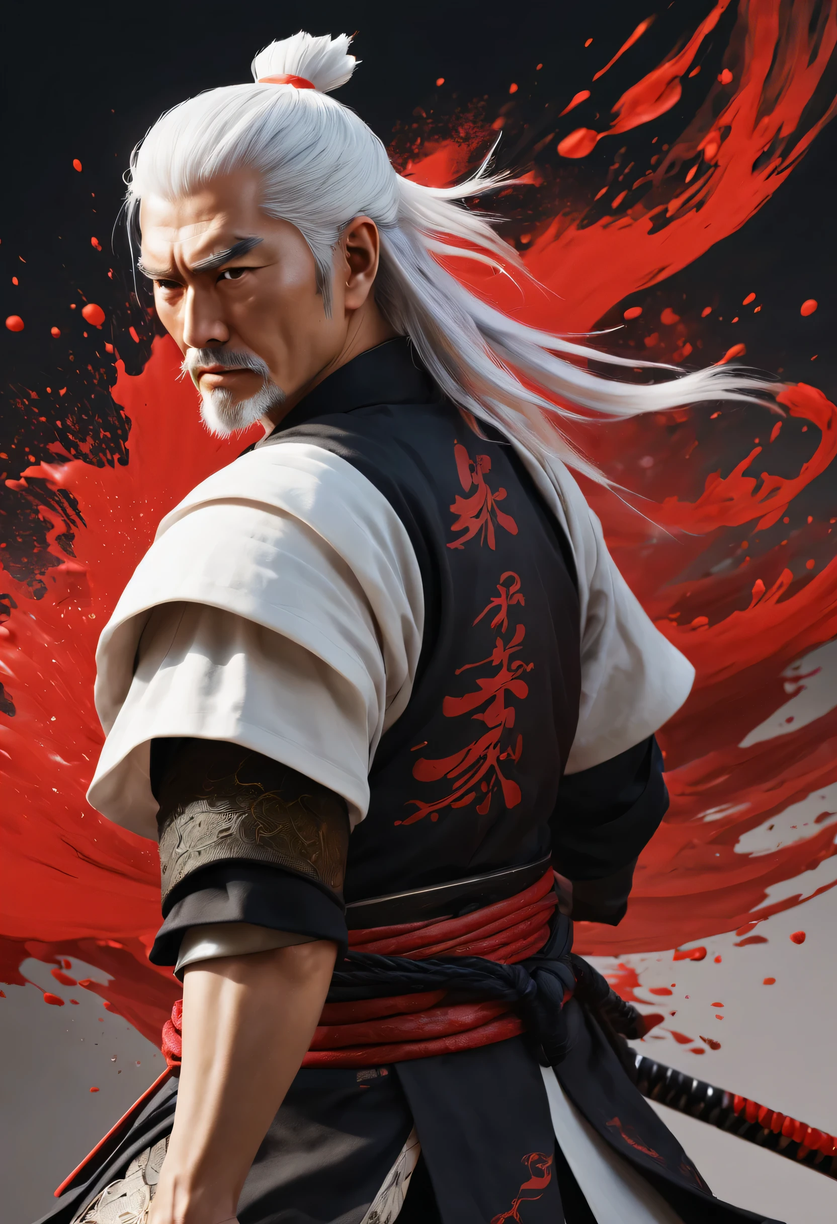best quality，Ultra-fine，white haired samurai ，（lifelike，photorealism：1.37），bright colors，clear focus，Defocused，（fantasy：1.2），（mystical landscapes），（hero&#39;armor），（dynamic poses：1.37），（intense gaze），（Extraordinary power），（the power of myth），black and red，Red paint splashes in the air