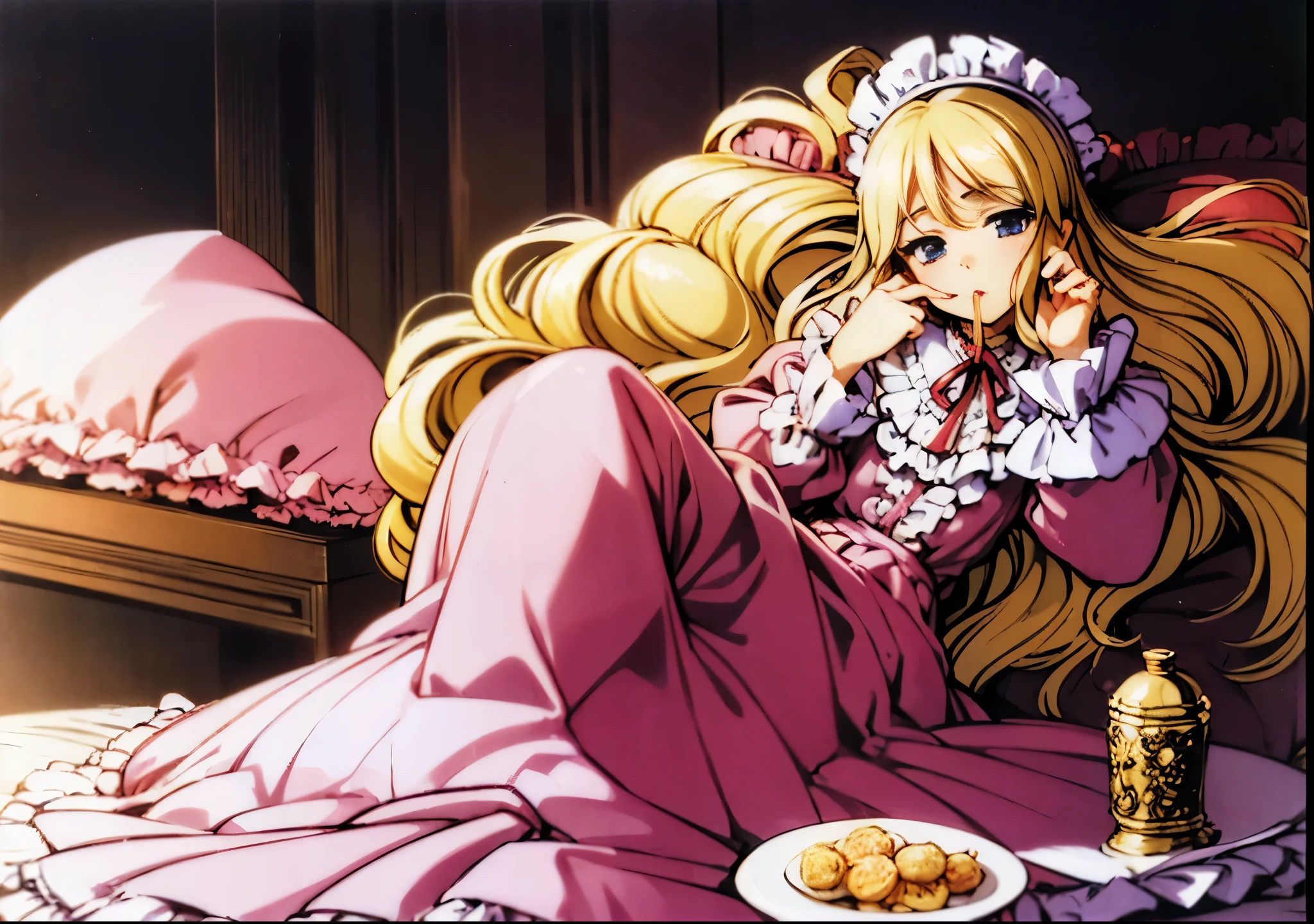 ,highest quality, masterpiece, highest resolution, artwork, super それにget used to it, many get used to it, get used to it, それにget used to it, 3K anime illustration,(( 10 year old girl)),Super detailed baby face,high quality small face,long blonde hair that grows to the waist,blue eyes,白い肌のeuropean,pajamas, european,(((super long blonde hair))),curly hair,blue eyes,((((ピンクのロリータファッションのlong skirtのワンピースドレス)))),((Pink dress with lots of frills and ribbons)),((Luxurious headdress with frills and ribbons)),detailed headdress,,(((big yoke collar))),Yoke collar with ruffles and ribbons,((((long sleeve)))),ruffle sleeves,((((long skirt)))),white ruffle and lace socks,large frill and ribbon pillow,detailed costume,ピンクの贅沢なcanopy bedの上,canopy bed,The bed is surrounded by luxurious curtains,many frilly pillows on the bed,super detailed background,detailed bed,romantic atmosphere,soft pink comforter,soft ruffle pillow,Beautiful girl illustration,detailed beautiful face detailed hair,detailed human eye ,detailed mouth, arm details,fine hands,Detailed pillow,wide bed,Illustration on the bed, ,((((round futon)))),((((A large ruffled futon that covers the entire bed)))),detailed comforter,detailed bedシーツ,