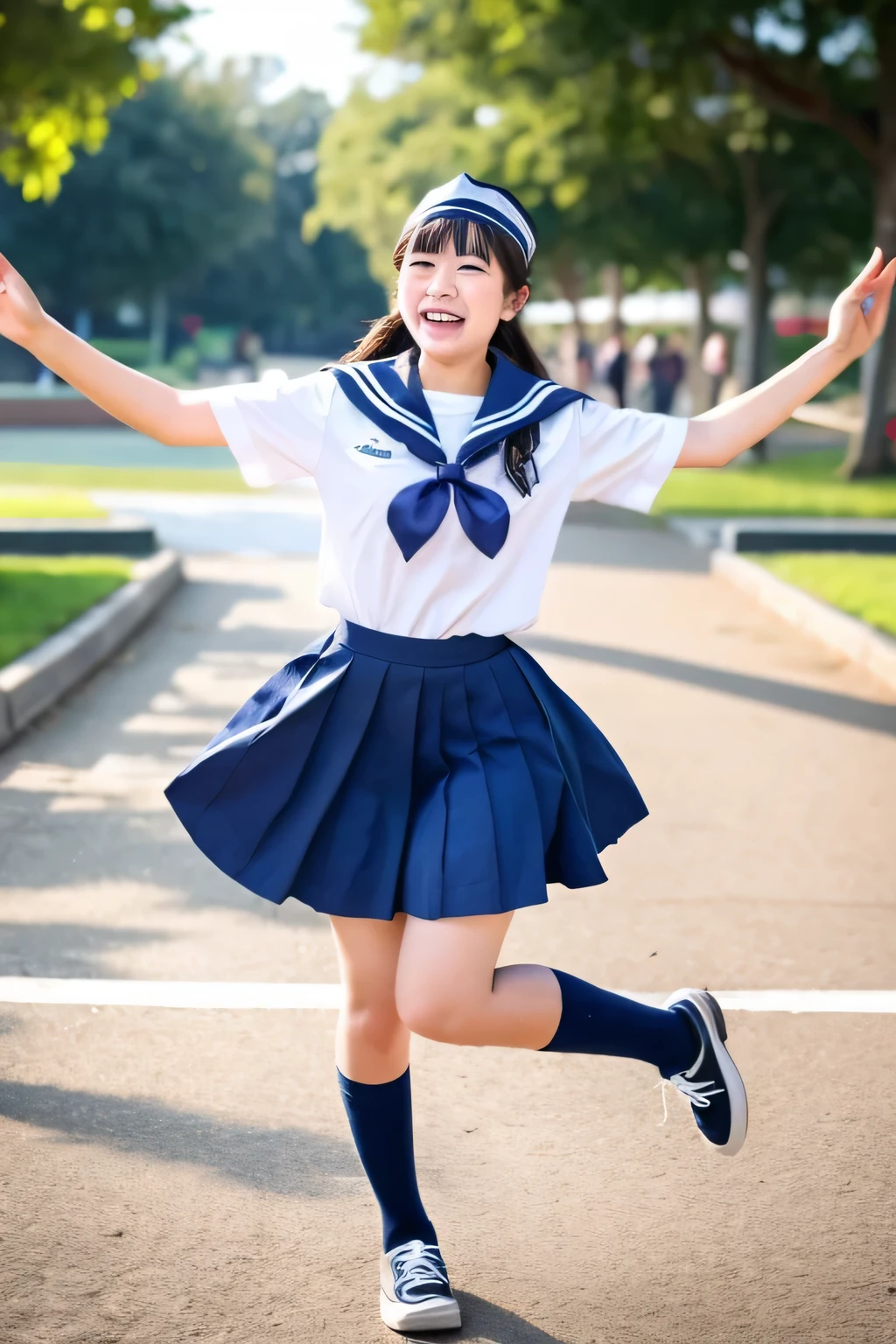 Please create a full-body image of a high school girl wearing a sailor suit., have fun laughing and dancing.