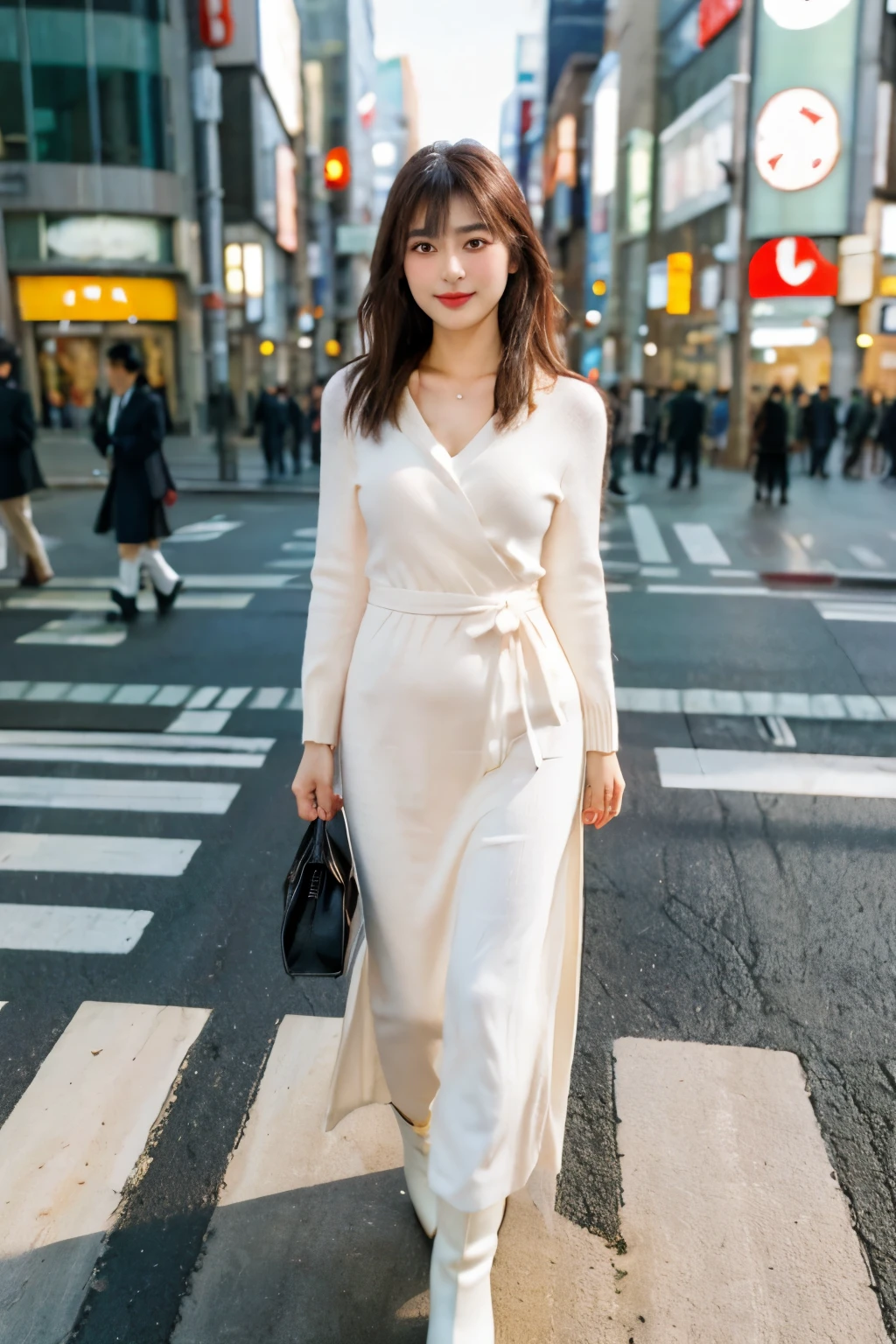(masterpiece:1.35),(best-quality:1.4),8k,ultra-detailed,photography,(ultra-realistic:1.4), a brunette Asian young and tall woman, with choppy bangs and long shiny hair for hairstyle, cute smile, small face, round eyes, beautiful breasts and big butt and slim waist, natural make up, natural skin, in fashionable all white outfit including sweater, shirt, long boots, maxi dress, elegant purse , crossing the street in Tokyo on a sunny day, in the style of street fashion photography, soft light, depth of field, cinematic, Nikon photo, iso 100