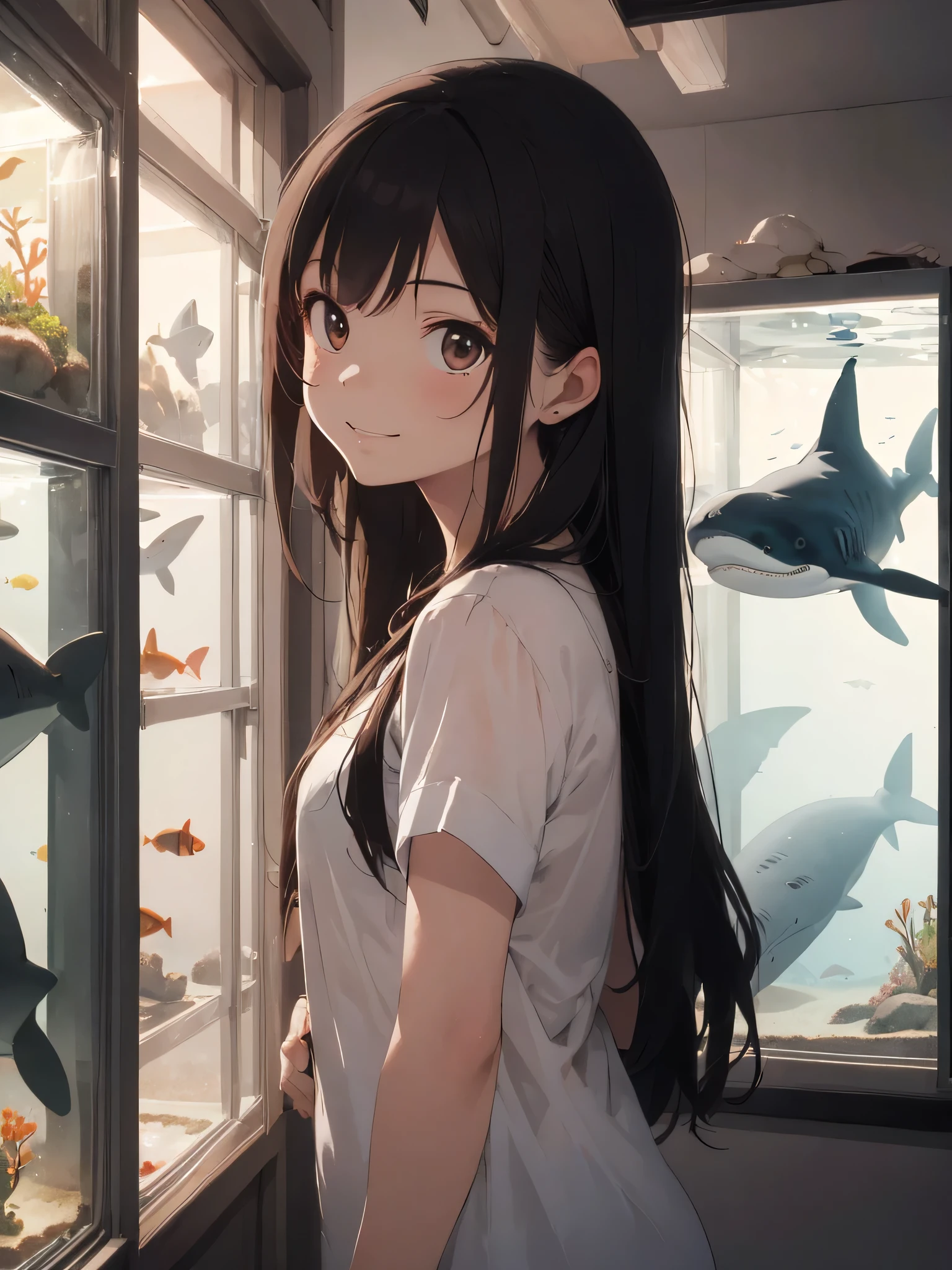(best quality), (ultra-detailed), (llustration), (detailed light), (an extremely delicate and beautiful), ung girl, long hair, brown eyes, (smile slightly, Innocent and cute expression), model, Enchanting, Sublime, Ethereal, fantastic, extremely detailed CG unified 8k wallpaper, High-definition raw color photos, professional photography, (Bokeh), indoors, (aquarium), whale shark, shark, small fish, napoleon fish, Backlighting, depth of fields,