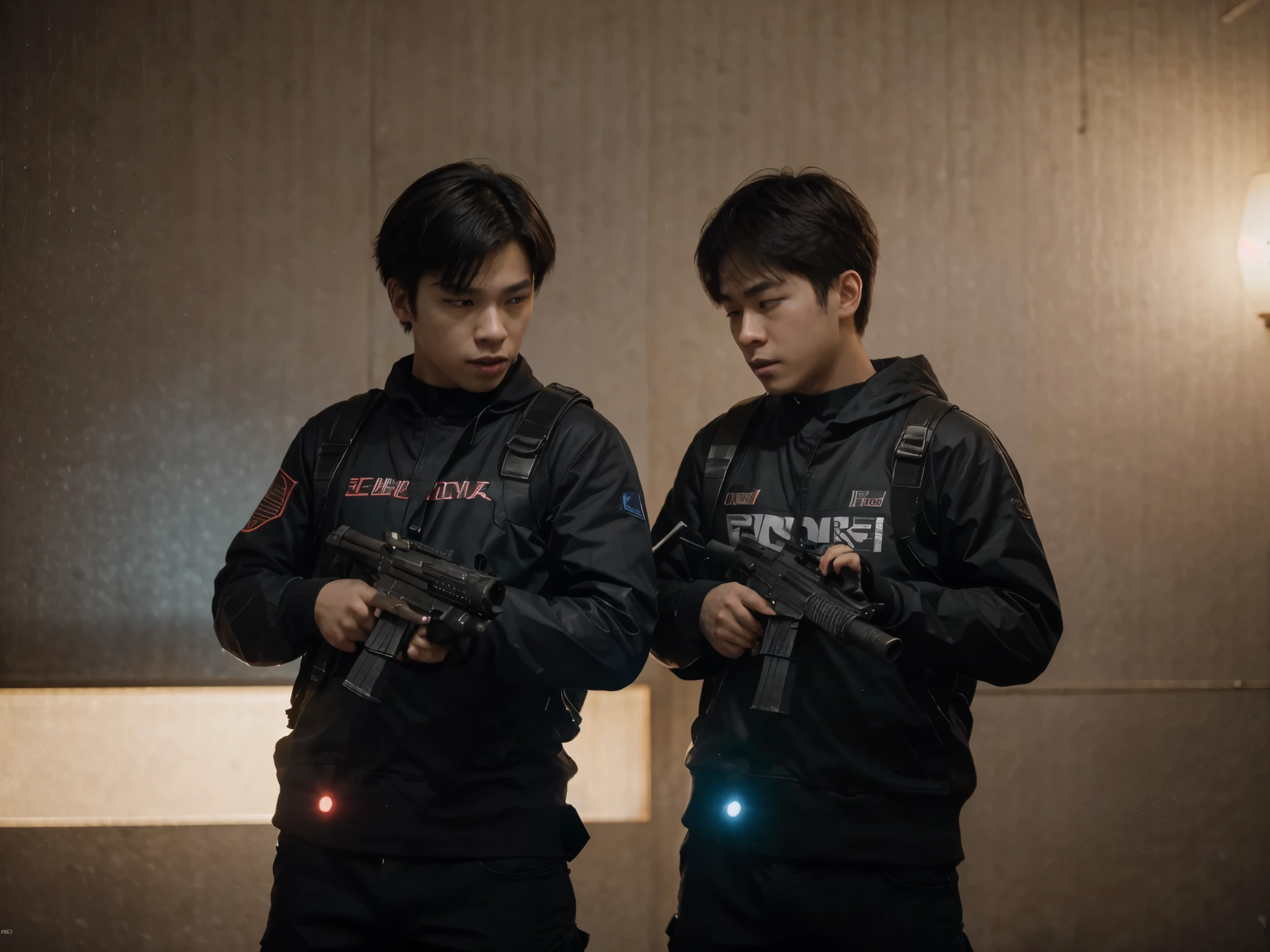 two young guys shoot glowing bullets at each other from cyber-fiction guns against the backdrop of Tokyo, cinematography, very detailed