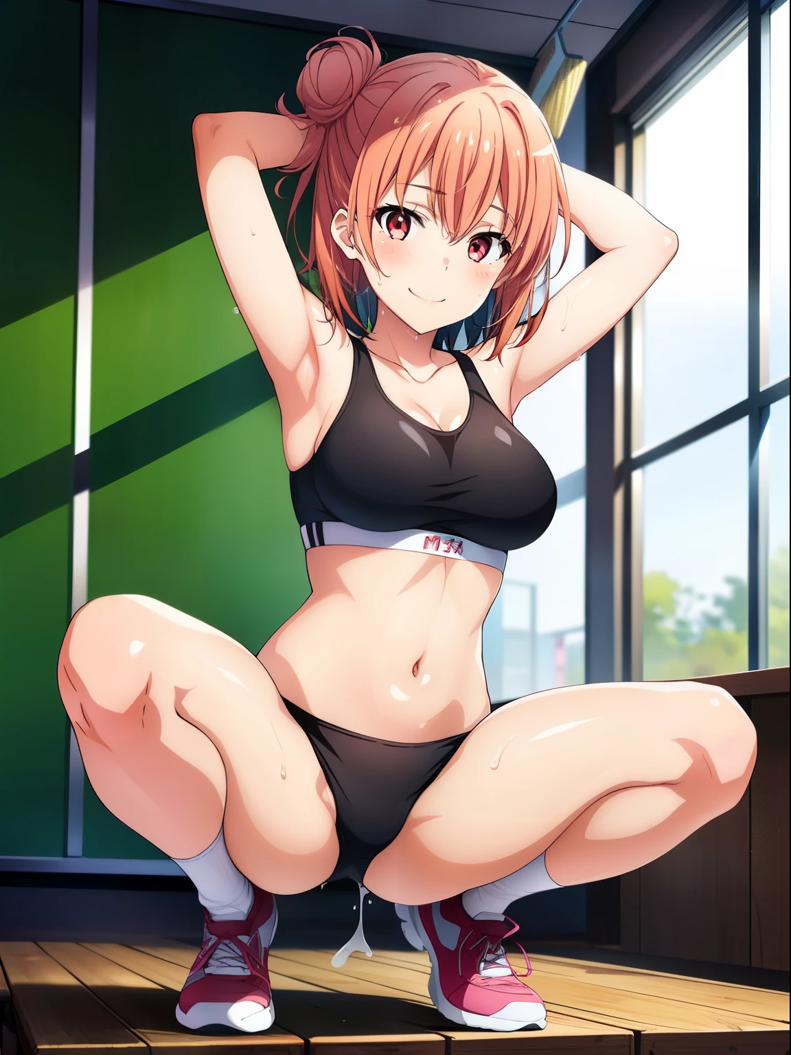 ((muste piece, best quality, High resolution, ticker, perfect pixel, Depth of the bounds written, In 4K, )), 1 girl, solo, , beautiful anime girl,
Looking at Viewer,
perfect body,
Yuigahama Yui, hair bun, short hair, big ,
sexy smile,
Black Sports Bra,
dripping sweat,
classroom,
(M-shaped spread legs, Crab crotch, squat, arms up),