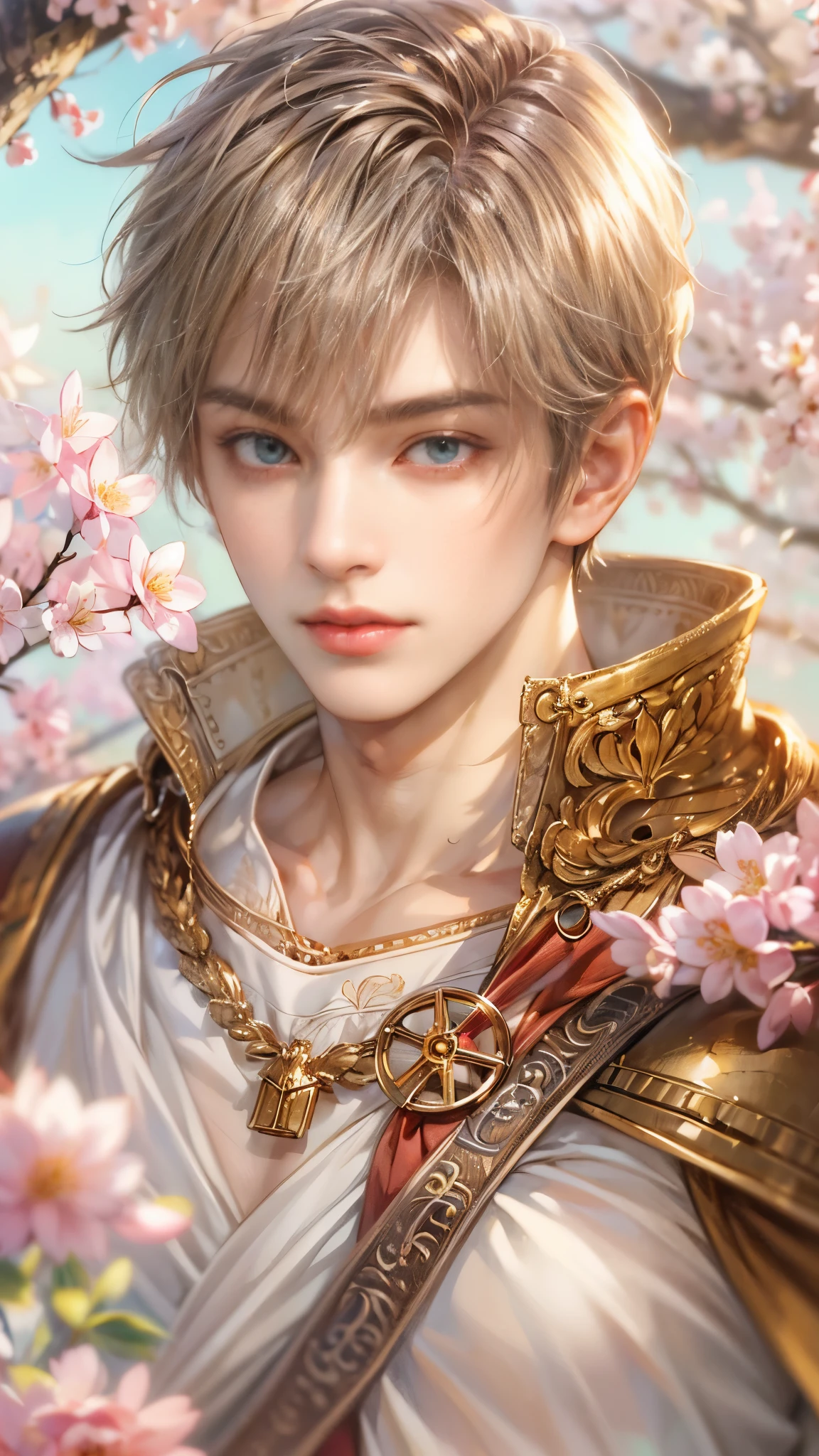 (absurdres, highres, ultra detailed, HDR), masterpiece, intricate details, best quality close-up picture of a character from Ragnarok Online, a character with handsome looks, korean face, short hair, anime eyes, matured , fantastic outfit showing chest, crop top, detailed town of prontera background, cherry blossom scenery, detailed character, art kenouji