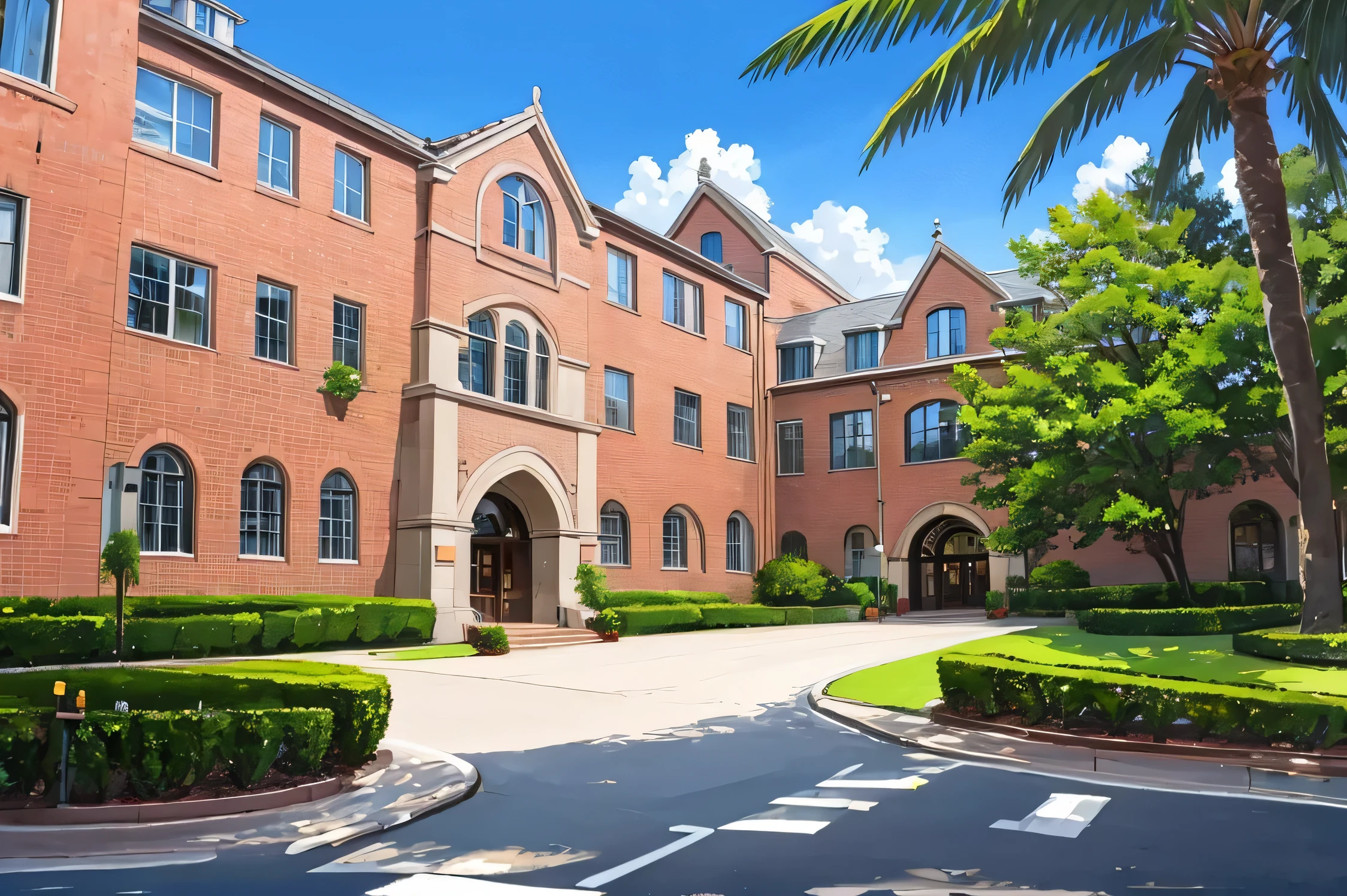 arafed view of a large brick building with palm trees in front, tally hall, private school, university, college, high school, cal-arts, huge towering magical university, exterior shot, full - view, highschool background, lisa kristine, frontview, from the front, madenning knowlege, lush surroundings, a middle-shot from front