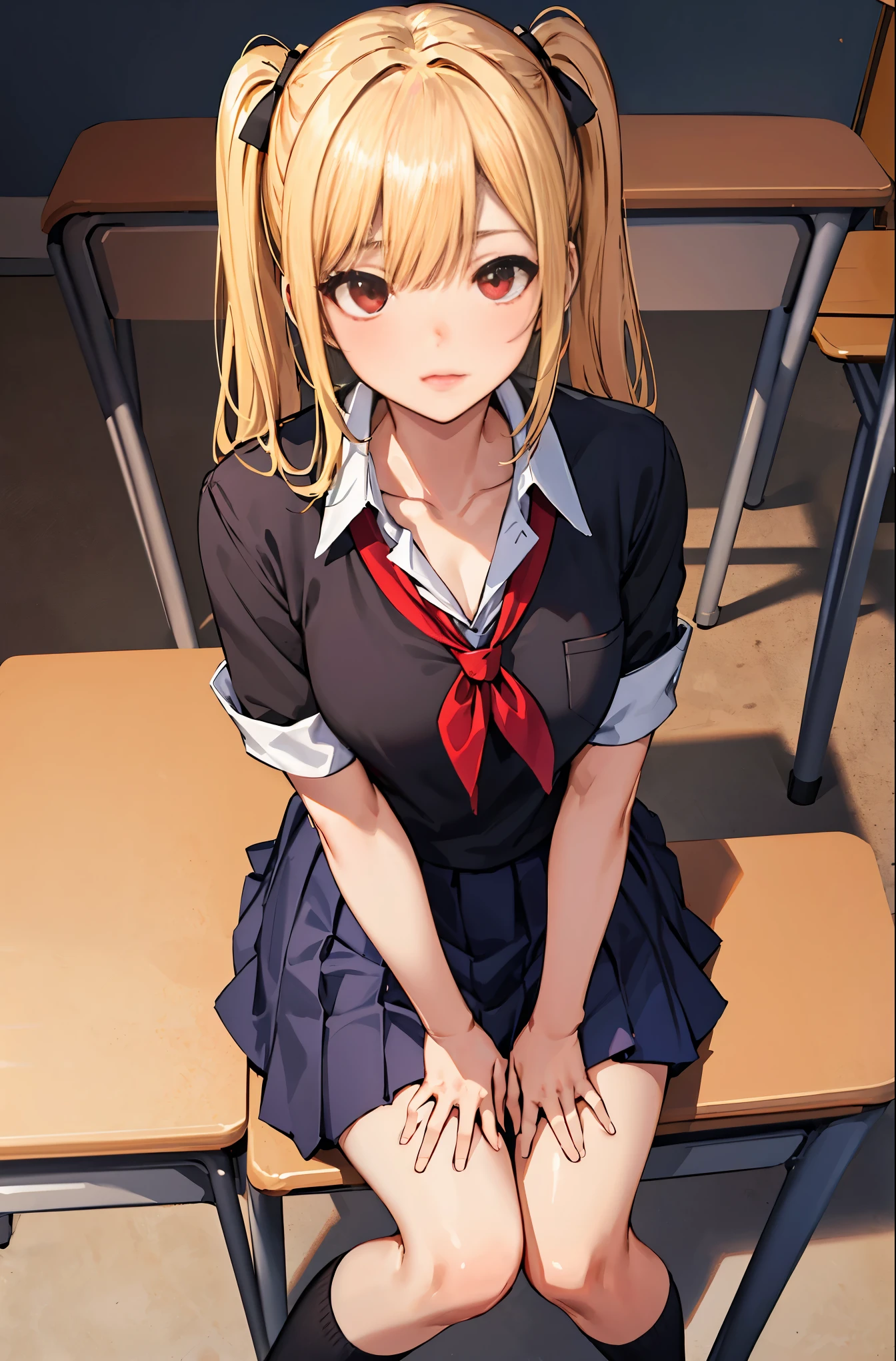 (masterpiece:1.2, highest quality), 1 female, alone, school uniform, classroom, Day, sit, blonde, twin tails, red eyes, Open collaboration bone, black skin, (open chest:1.1),Angle from above:1.15, JK, LJK, golden background