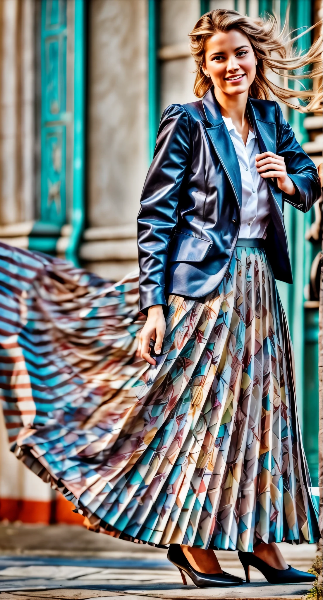 A smiling, authentic, (shy:1,3), kind, beautiful woman, is passionately in love with her skirt, sitting down on the gound while wind lifts her skirt, wearing short blazer and very very detailed (long (fully pleated) full circle skirt) and (low heeled court shoes), very very intricate hyper-detailed symmetric (attractive graceful young feminine face) with (sad, tired eyes and a loving smile), large breasts, full of empathy and compassion and love, (pronounced (feminine) features), (highly detailed ultra accurate realistic) hands and fingers, (windy), epic composition, highly detailed attributes, (35mm f1.4 Kodak portra 400 photograph), extremely high quality RAW photograph, highly detailed atmosphere, sci-fi, cinematic shot, dynamic lighting, 75mm, Technicolor, Panavision, cinemascope, sharp focus, fine details, 8k, HDR, realism, realistic, key visual, film still, superb cinematic color grading, depth of field